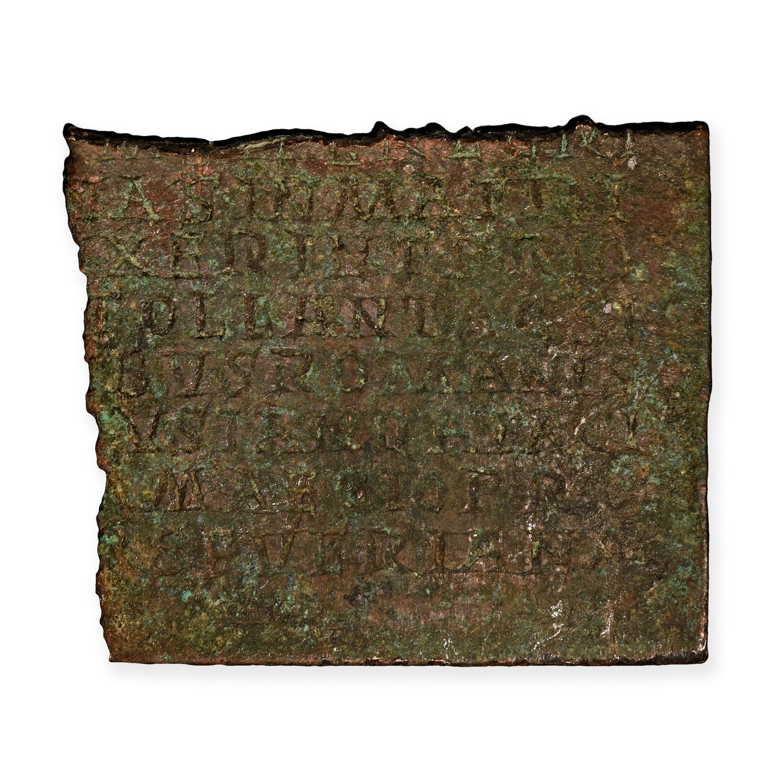 Roman Bronze Diploma Fragment: 228 A.D. Rectangular fragment with irregular clipped edges; Side A - trilinear concentric border to the corner; Side B - inscription in serifed capitals '[.]NAS IN MATRI[MONIO / [D]VXERINT PRIO[---] /