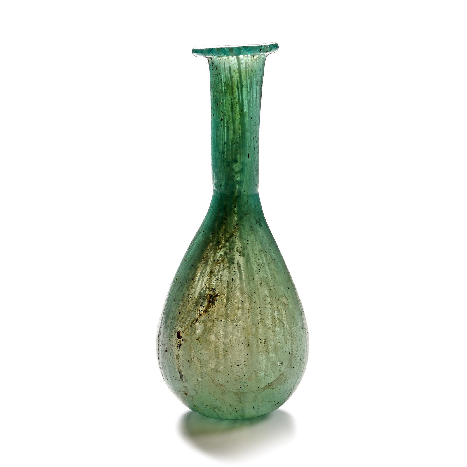 Roman Marbled Turquoise Glass Bottle: 1st-3rd century A.D. Comprising an iridescent piriform body, tapering tubular neck with pinched and everted rolled rim. Cf. Whitehouse, D., Roman Glass in the Corning Museum of Glass, vol.1, New York,