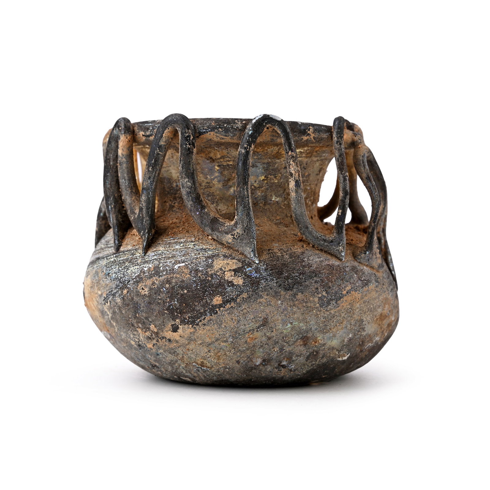 Roman Glass Vessel with Iridescence: 4th-5th century A.D. Squat body with a short trumpet-shaped neck with rolled rim, applied openwork gallery encircling the neck. Cf. Lightfoot, C.S., Ancient Glass in National Museums Scotland, Edinbur