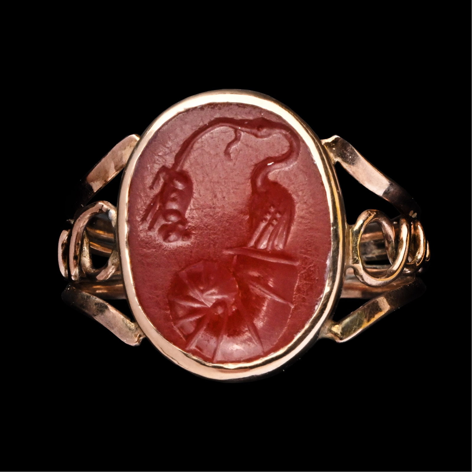 Roman Carnelian Gemstone with Stork Emerging from a Seashell in Gold Ring (1 of 2)