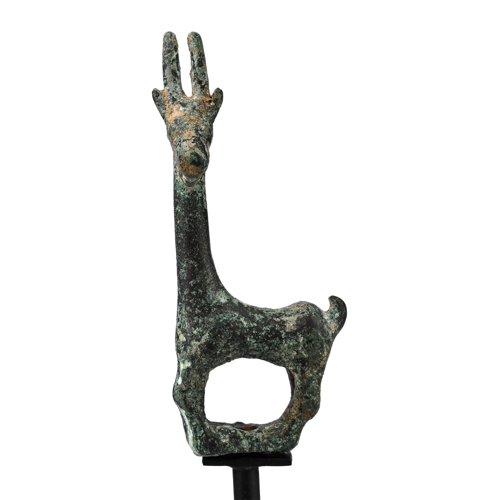 Luristan Bronze Antelope Statuette: 13th-7th cenury B.C. Depicted standing with head erect and prominent curving horns; mounted on a custom-made display stand. 98 grams, 96 mm (279 grams, 22.6 cm including stand) (3 3/4 in. (8 7/8 in.))