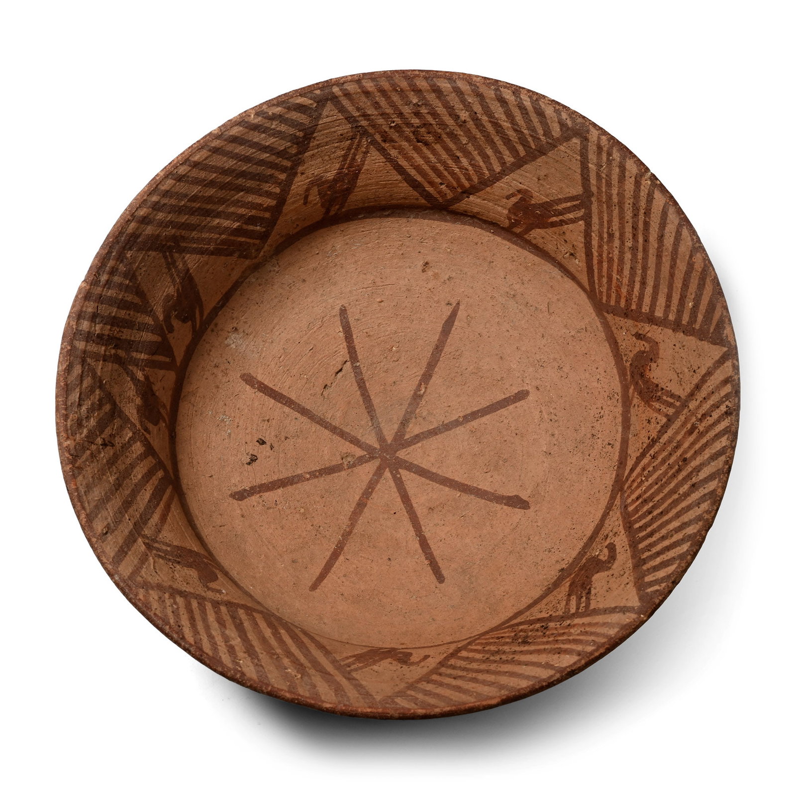 Western Asiatic Terracotta Bowl with Painted Birds: 4th-3rd millennium B.C. With a rounded underside and flared rim; painted asterisk to centre, hatched chevrons to mouth with profile birds in the voids; early Iranian workmanship. 298 grams, 16 cm wide