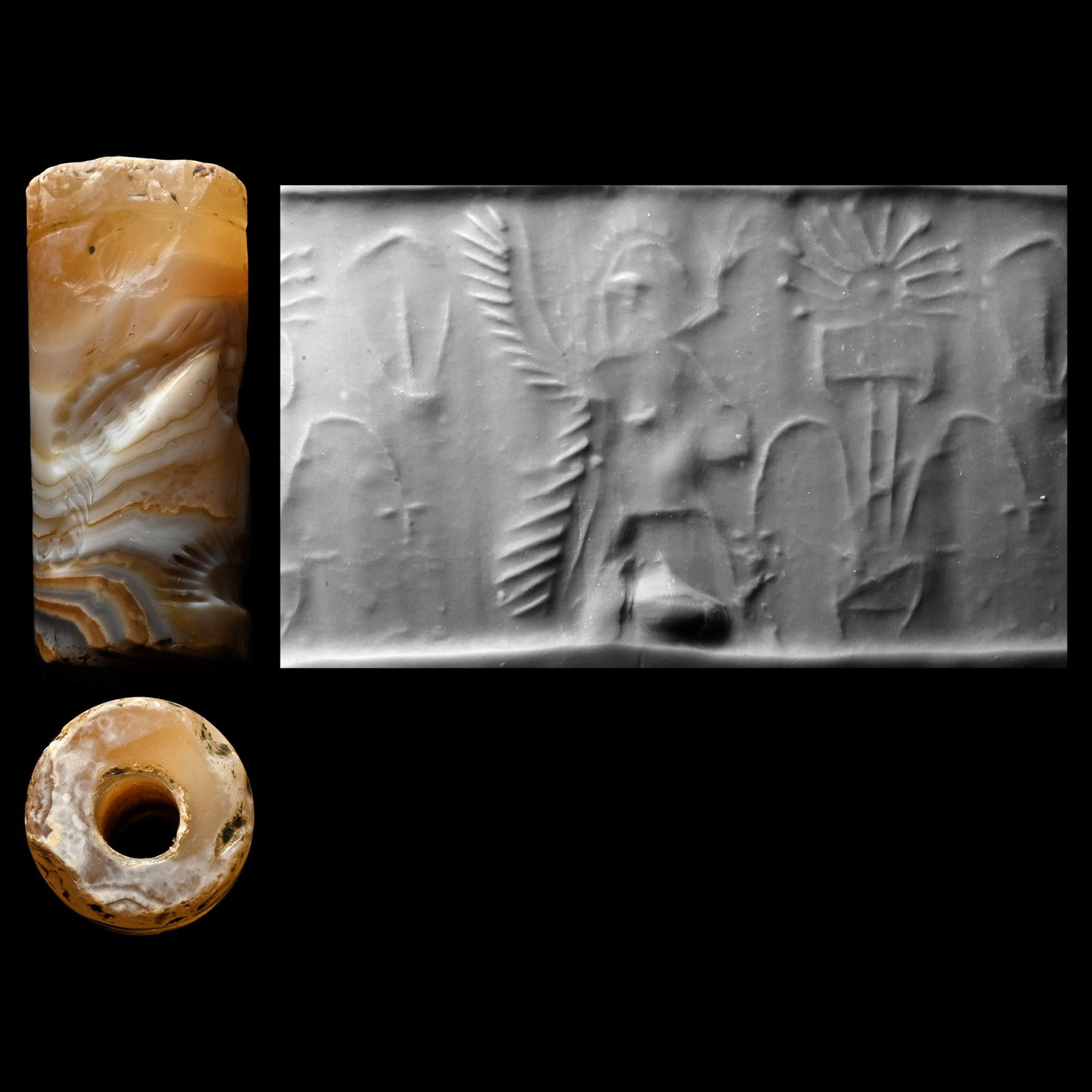 Western Asiatic Banded Agate Cylinder Seal with Winged Figure: 2nd-1st millennium B.C. Frieze depicting a standing winged figure in profile facing a column with disc above and radiating beams; supplied with a museum-quality impression. Cf. a seal with figures in 