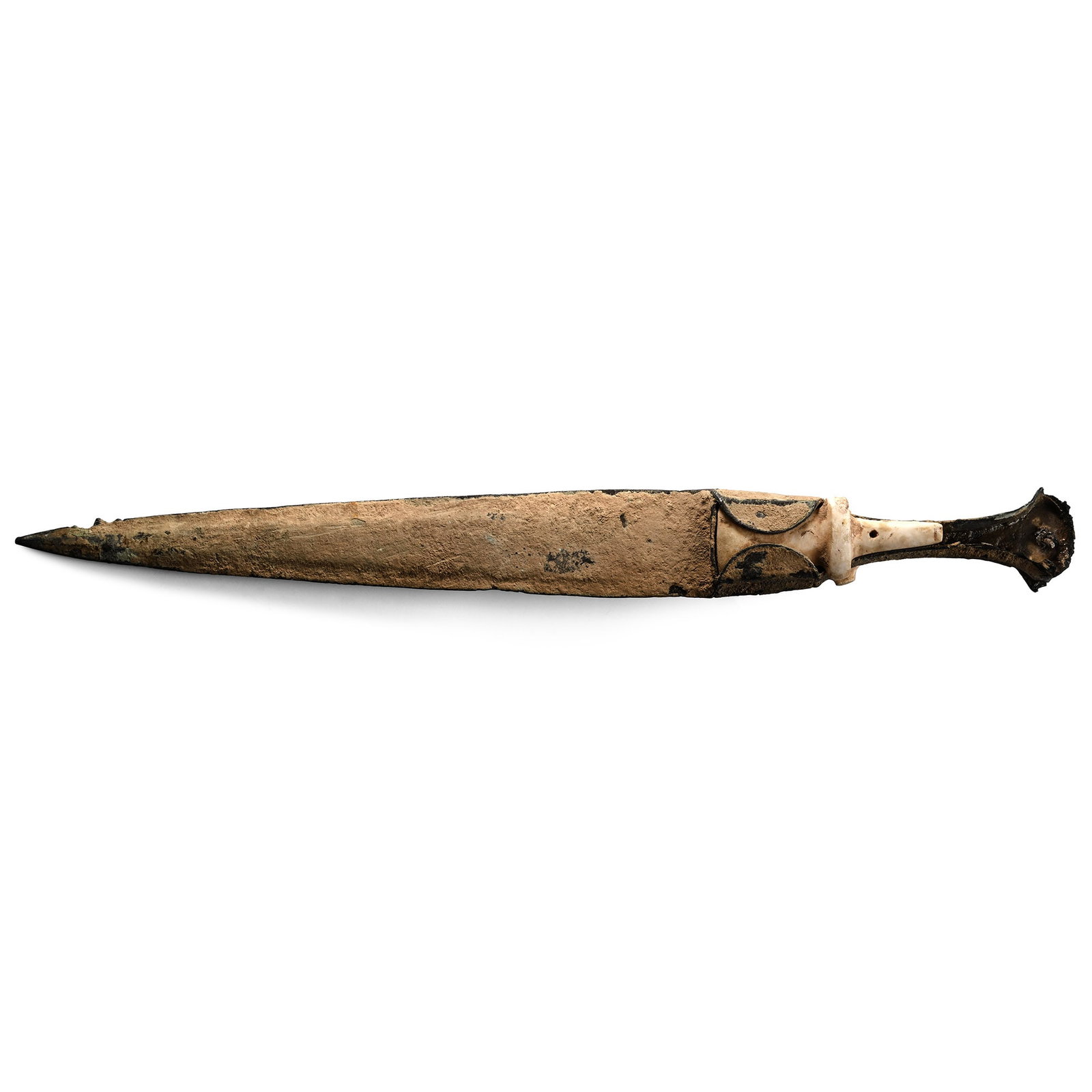Luristan Bronze Dagger: 13th century B.C. With a lentoid-section blade, tongue-shaped in plan, with an integral tapering hilt with flared finial, lateral flanges to accept the remains of a panel of cream-coloured stone to ea