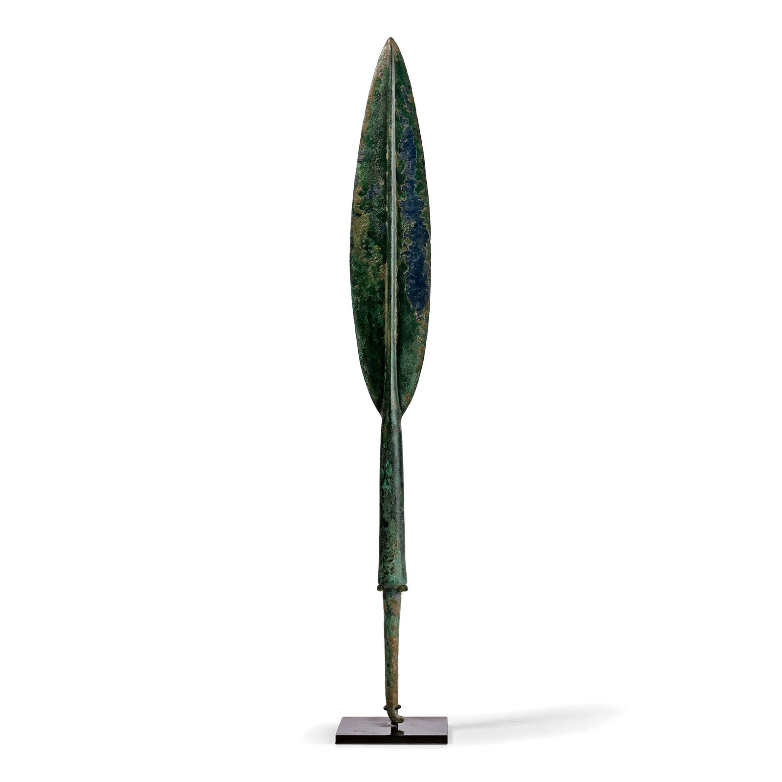 Large Luristan Leaf-Shaped Bronze Spearhead: Circa 1000-700 B.C. Comprising a leaf-shaped blade with a midrib and a long tapering socket; accompanied by a display stand. Cf. Khorasani, M.M., Arms and Armour from Iran. The Bronze Age to the End o