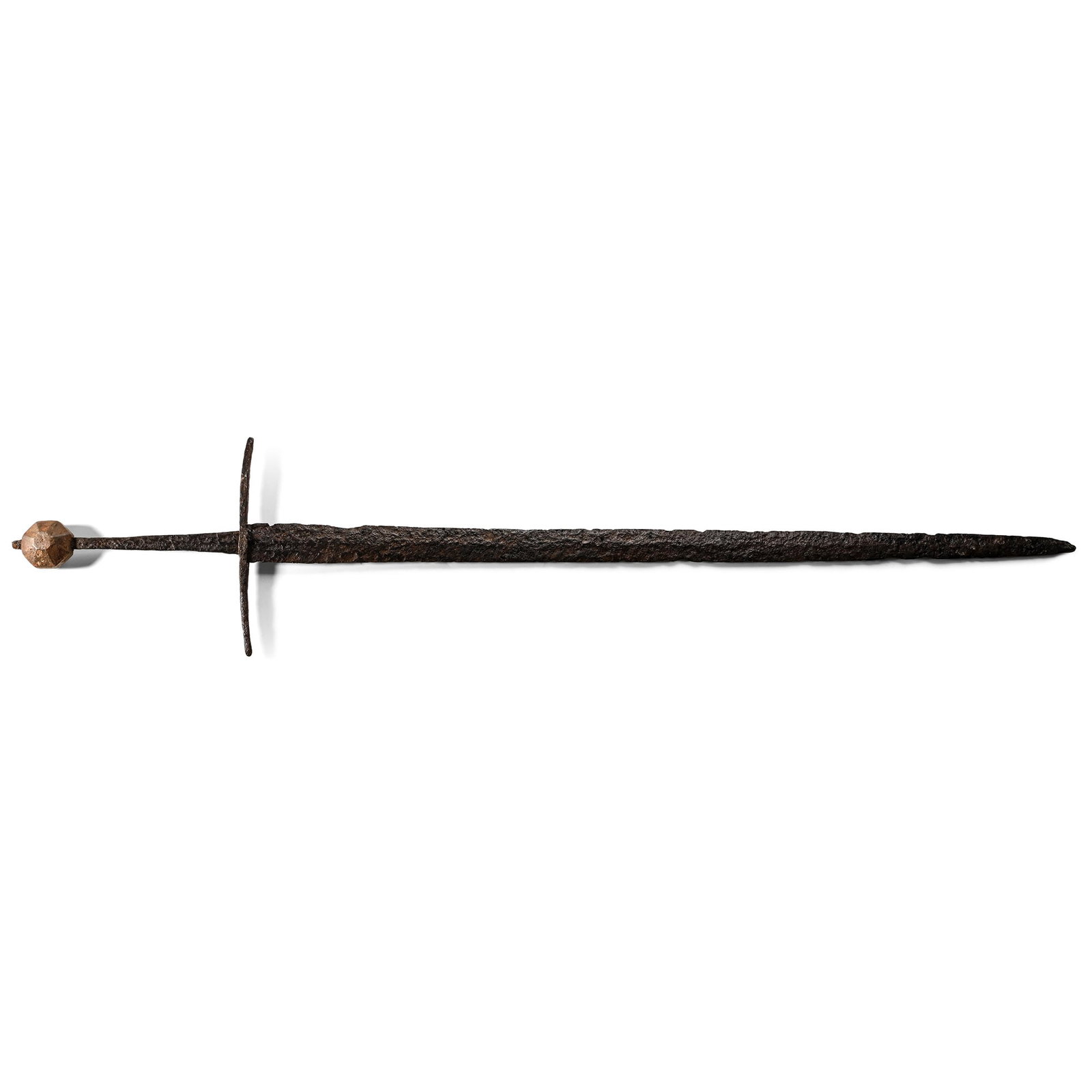 Medieval Iron Hand-and-Half Sword: 14th-15th century A.D. Longsword of Oakeshott's Type XVIIIa or b, comprising: two-edged, slender lenticular-section piled blade with taper overall to a narrow point; quillons square in section with ta