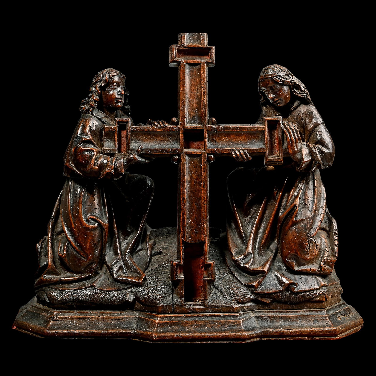 Medieval Carved Wooden Panel with Kneeling Angels Supporting the Cross (1 of 2)