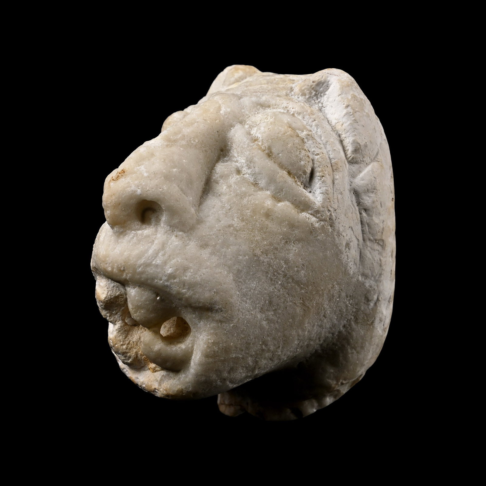 Medieval Marble Head of a Demonic Lion: Spain, 11th-13th century A.D. Carved in the round with low pricked ears and hatched mane to the rear of the head, broad nose developing between domed lentoid eyes, broad upper lip, open mouth displayi