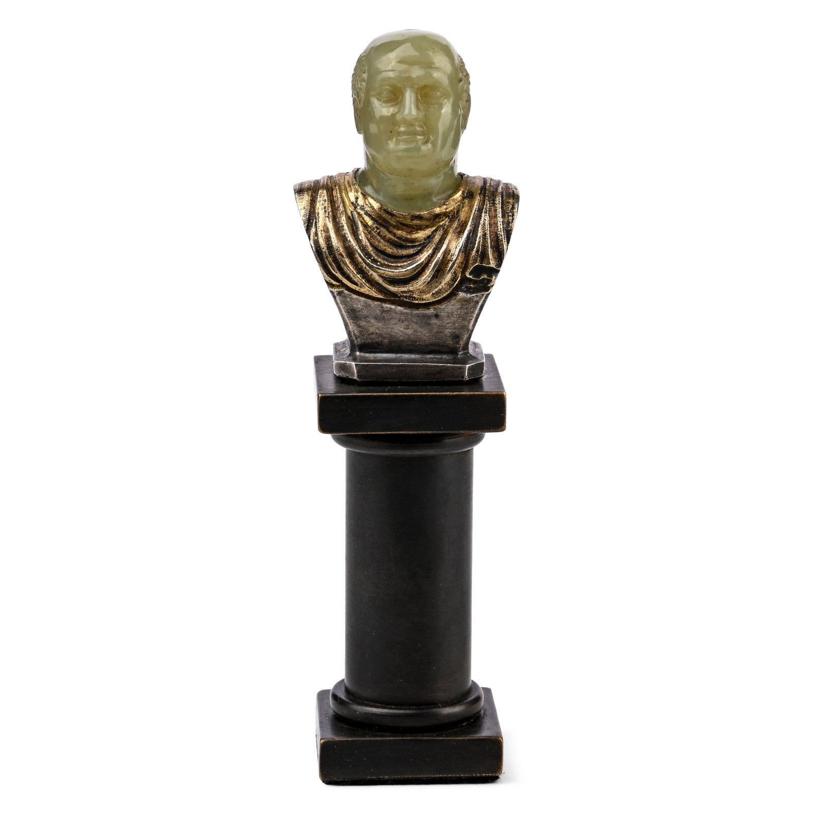 Chalcedony and Silver-Gilt Bust of the Emperor Vespasian: Italy, 17th-18th century A.D. The head, carved from pale green chalcedony, polished to a smooth lustre and with a drilled aperture at the crown, the hair in tight curls around the nape and crown; the 