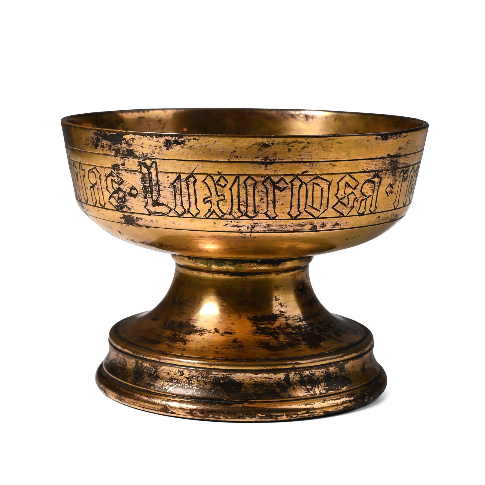 Post Medieval Gilt Bronze Chalice with Biblical Proverb in Latin: Continental Europe, circa 19th century A.D. Squat in profile with stepped and carinated foot, deep shoulder to the bowl; engraved to the outer face in batada script between double horizontal rulings t