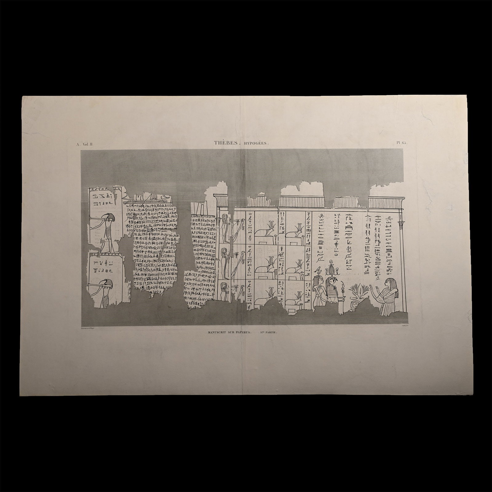 Very Large Egyptian Expedition Lithograph of the Hypogees Papyrus Manuscript from Thebes: Early 19th century A.D. Proof etching on laid paper of plate 65 from Vol.II of Description de l'?gypte : ou, Recueil des observations et des recherches qui ont ?t? faites en ?gypte pendant l'exp?ditio