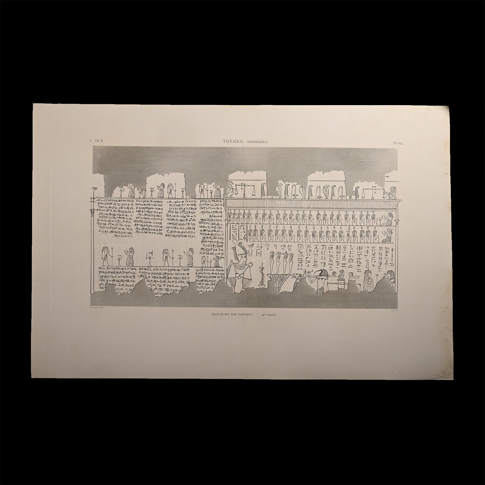 Very Large Egyptian Expedition Lithograph of the Hypogees Papyrus Manuscript from Thebes: Early 19th century A.D. Proof etching on laid paper of plate 64 from Vol.II of Description de l'?gypte : ou, Recueil des observations et des recherches qui ont ?t? faites en ?gypte pendant l'exp?ditio
