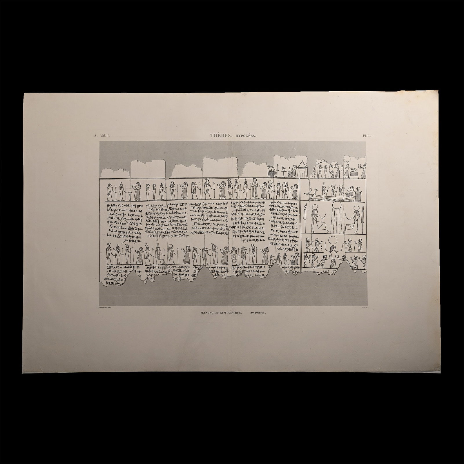 Very Large Egyptian Expedition Lithograph of the Hypogees Papyrus Manuscript from Thebes: Early 19th century A.D. Proof etching on laid paper of plate 62 from Vol.II of Description de l'?gypte : ou, Recueil des observations et des recherches qui ont ?t? faites en ?gypte pendant l'exp?ditio