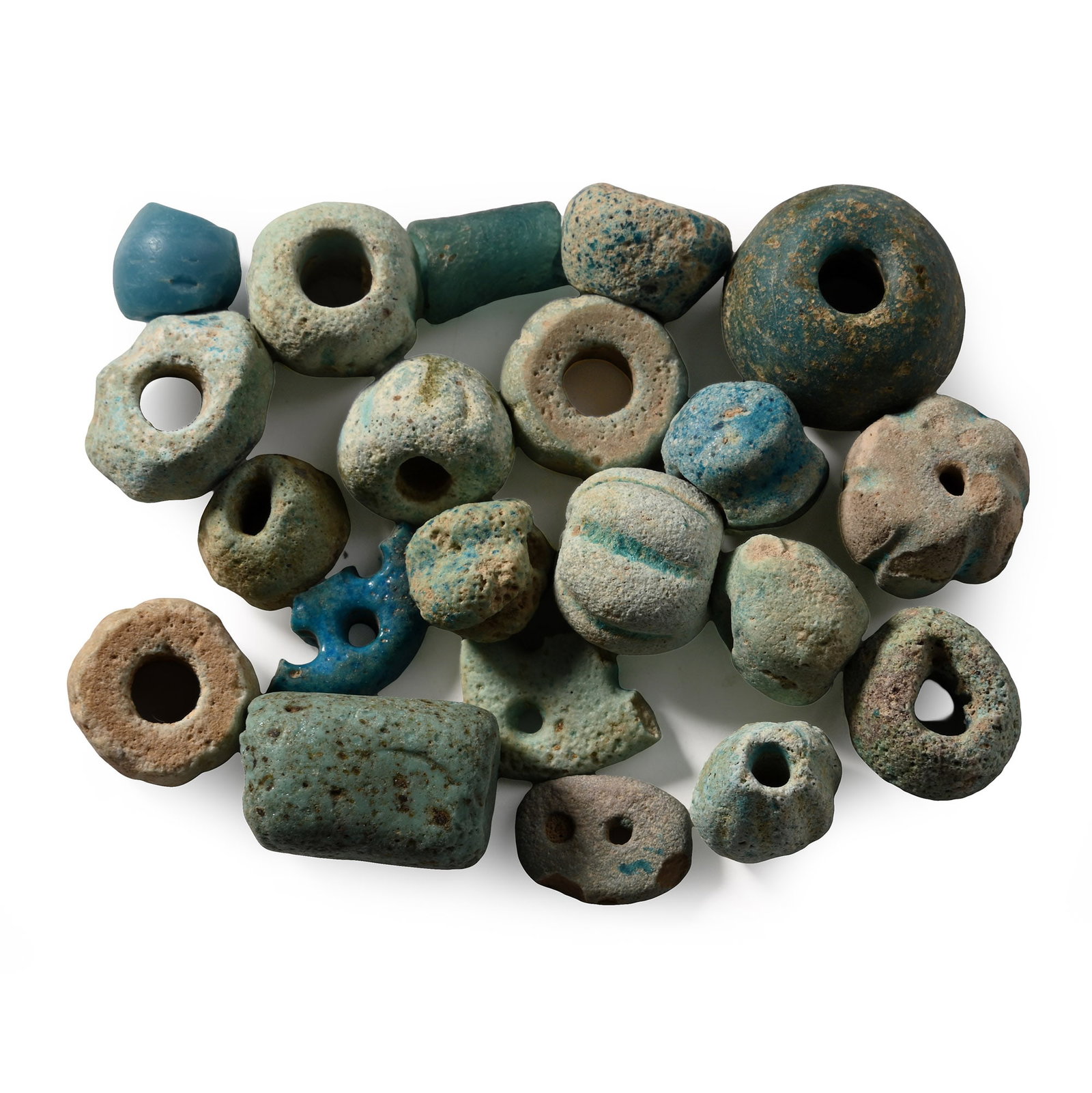 Romano-Egyptian Melon and Other Faience Beads: Roman Period, 30 B.C.-323 A.D. Comprising blue and green glazed beads, mainly melon types. 39 grams total, 10-19 mm (3/8 - 3/4 in.). [21, No Reserve] Ex London, UK, art market, 1990s. TimeLine Auction