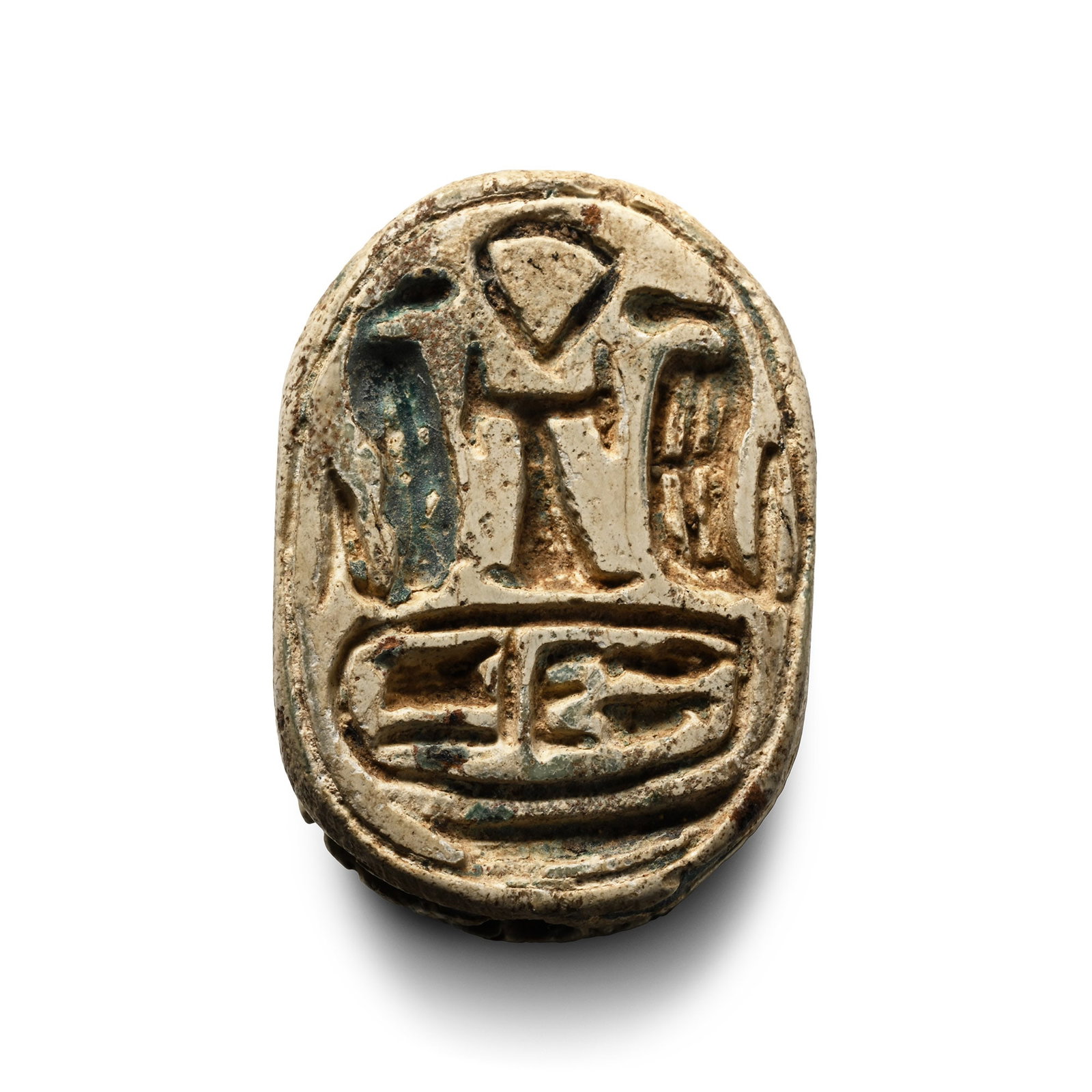 Egyptian Steatite Scarab with Cartouche: Late Period, 664-332 B.C. With detailing to the carapace, mouth and legs, underside with cartouche, ankh and other symbols. 2.98 grams, 18 mm (3/4 in.). [No Reserve] From the private collection of a E