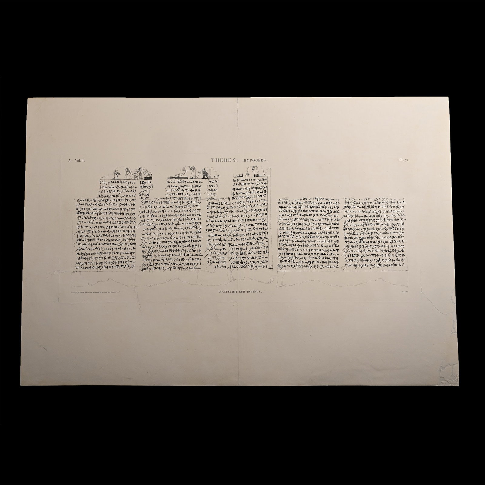 Very Large Egyptian Expedition Lithograph of the Hypogees Papyrus Manuscript from Thebes: Early 19th century A.D. Proof etching on laid paper of plate 71 from Vol .II of Description de l'?gypte : ou, Recueil des observations et des recherches qui ont ?t? faites en ?gypte pendant l'exp?diti