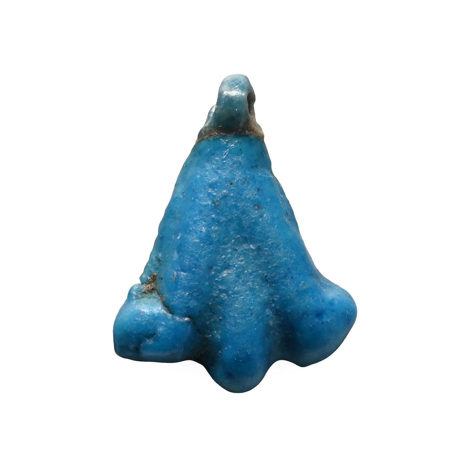 Egyptian Faience Lotus Flower Amulet: 18th Dynasty, Amarna Period, 1353-1336 B.C. A blue glazed composition pendant in the form of a lotus, with some repair to the suspension loop. 0.26 grams, 14 mm (1/2 in.). [No Reserve] Ex early 20th c