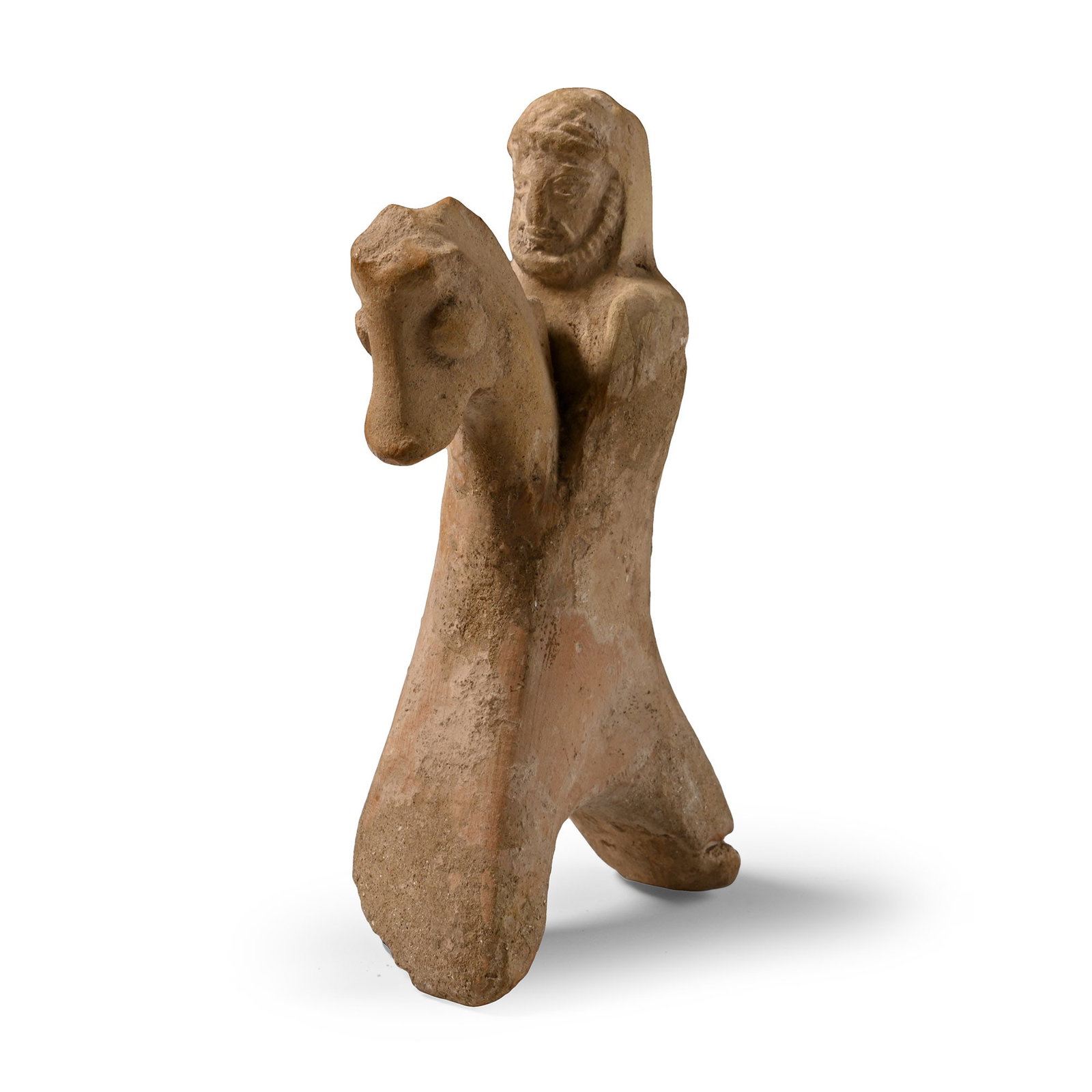Parthian Terracotta Horse and Warrior Rider: 2nd century B.C.-1st century A.D. Formed as a horse with a tall neck and splayed legs, a bearded rider figure to the rear; a marriage. 95 grams, 10.7 cm (4 1/4 in.). [No Reserve] From the collection o