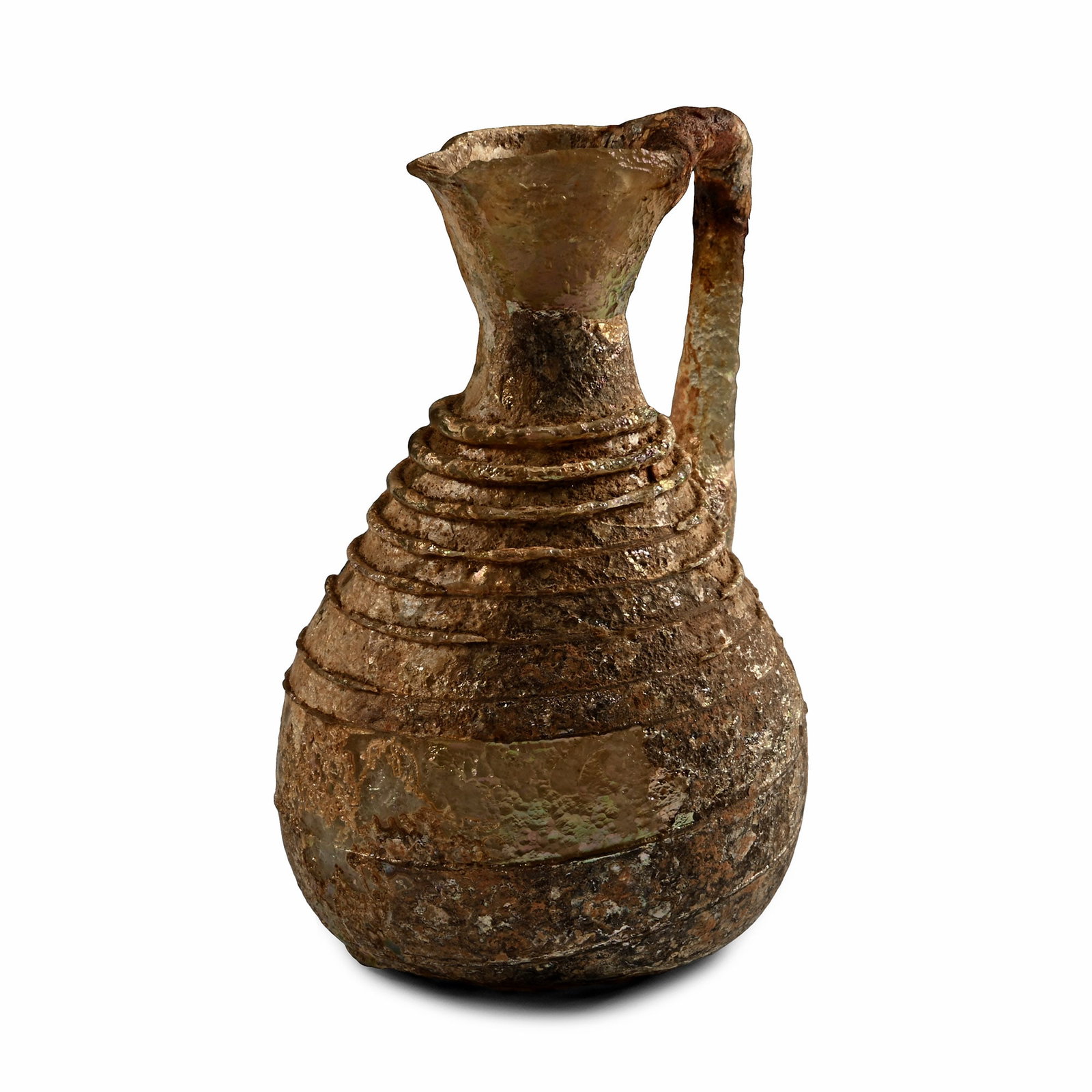 Roman Glass Jug with Trails: 4th-5th century A.D. A small pale yellow collared globular jug with short neck, angular ribbon handle with two narrow prominent ribs, folded upper attachment to the cylindrical neck, several horizonta