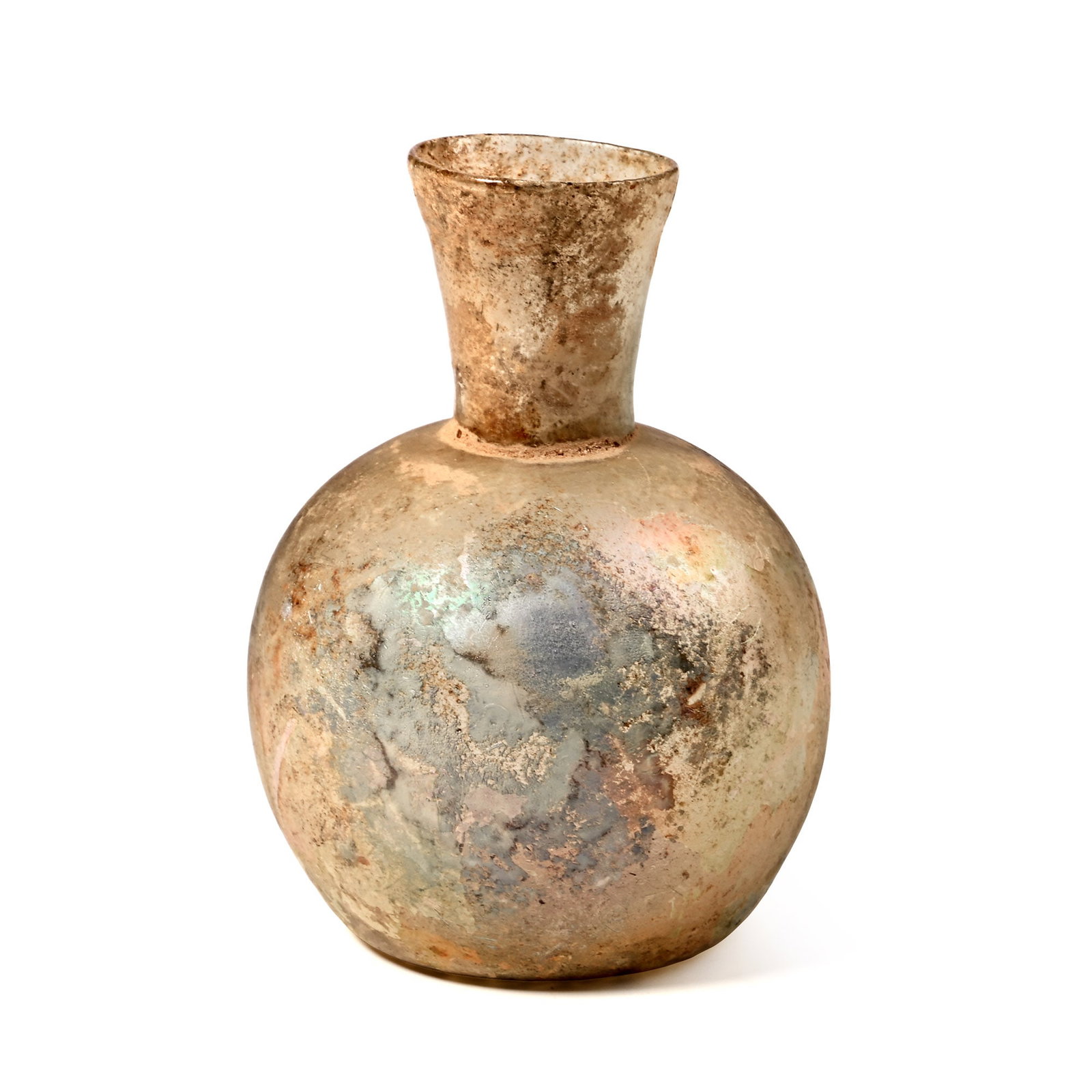 Roman Iridescent Glass Flask with Flared Neck: 3rd-4th century A.D. Bulbous body with dimple base and a trumpet-shaped neck. Cf. for a similar example Filarska, B., Szkla Starozytne (Ancient Glass), vol.II, Warszawa, 1972, II, cat.109, pl.XXIV,4. 