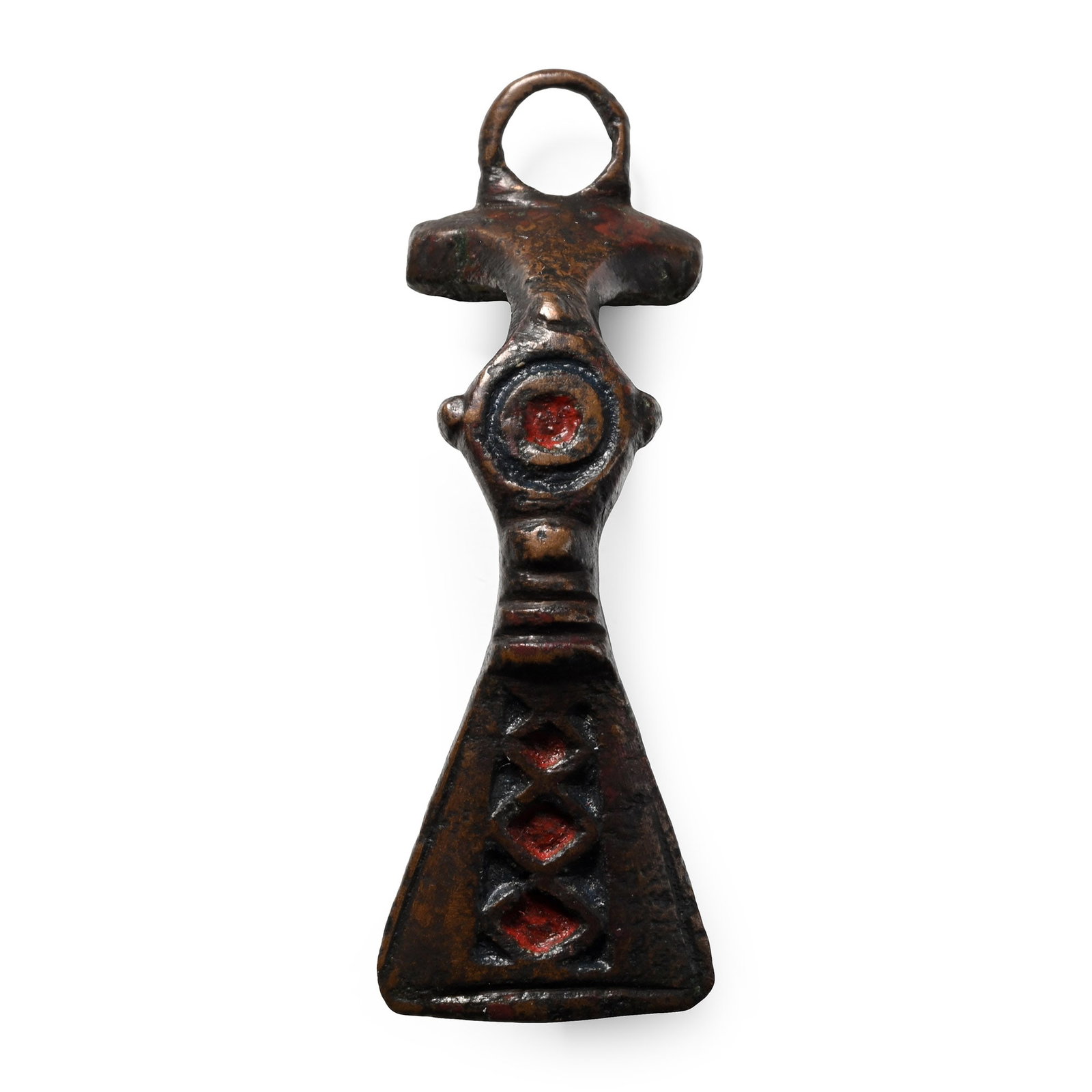 Roman Enamelled Bronze Fantail Bow Brooch: 1st century A.D. Comprising a T-shaped headplate with ring above, deep bow with incuse ring-and-dot motif to the centre and four surrounding pellets, transverse ribbing developing to a trapezoidal foo