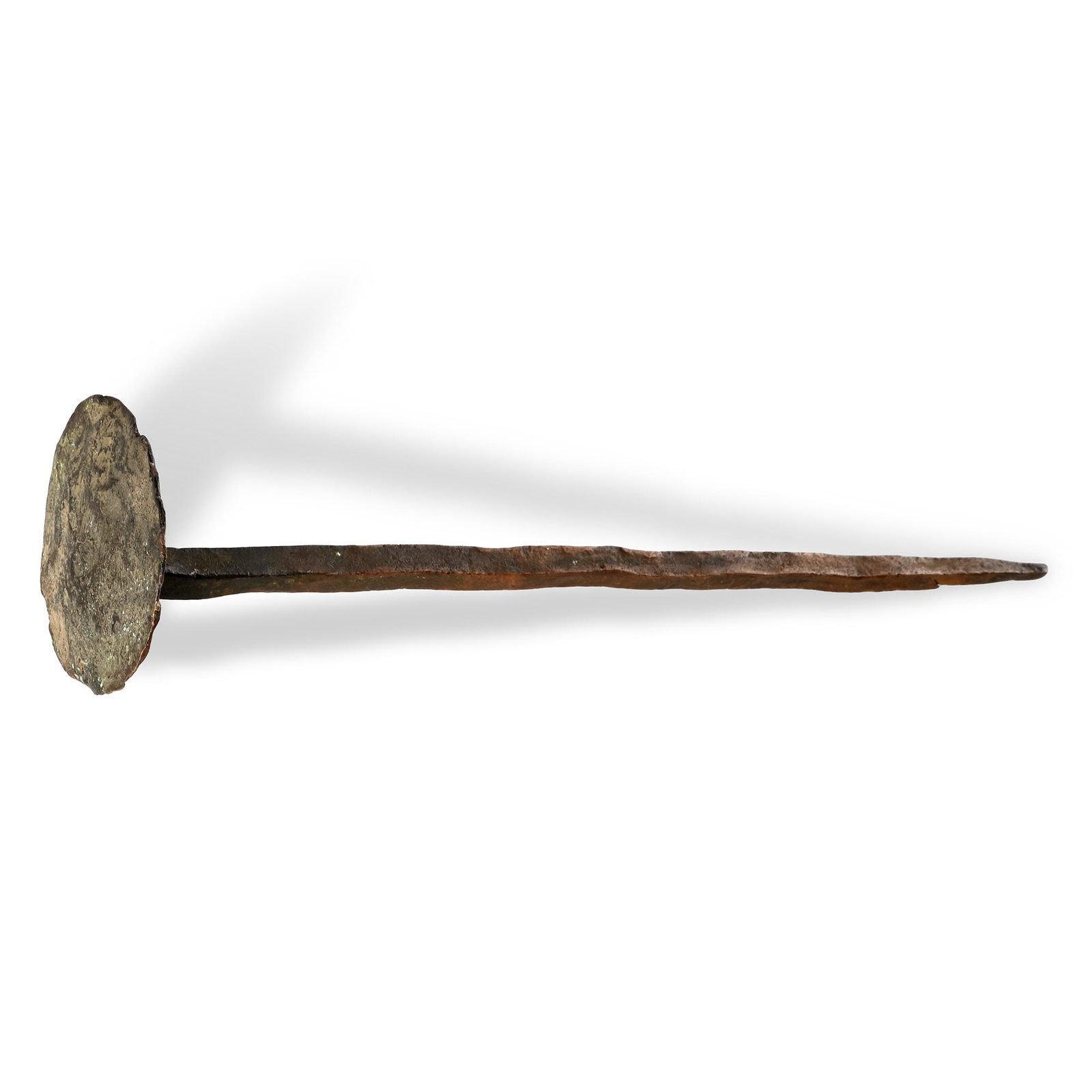 Roman Bronze Crucifixion Nail: Circa 1st century A.D. Comprising a rectangular-section body and a round, discoid finial. Cf. for a similar example R?mazeilles, C., Cruz Zuluaga, M., Conforto, E., Oudriss, A., Ortega, L.A., Mart?nez