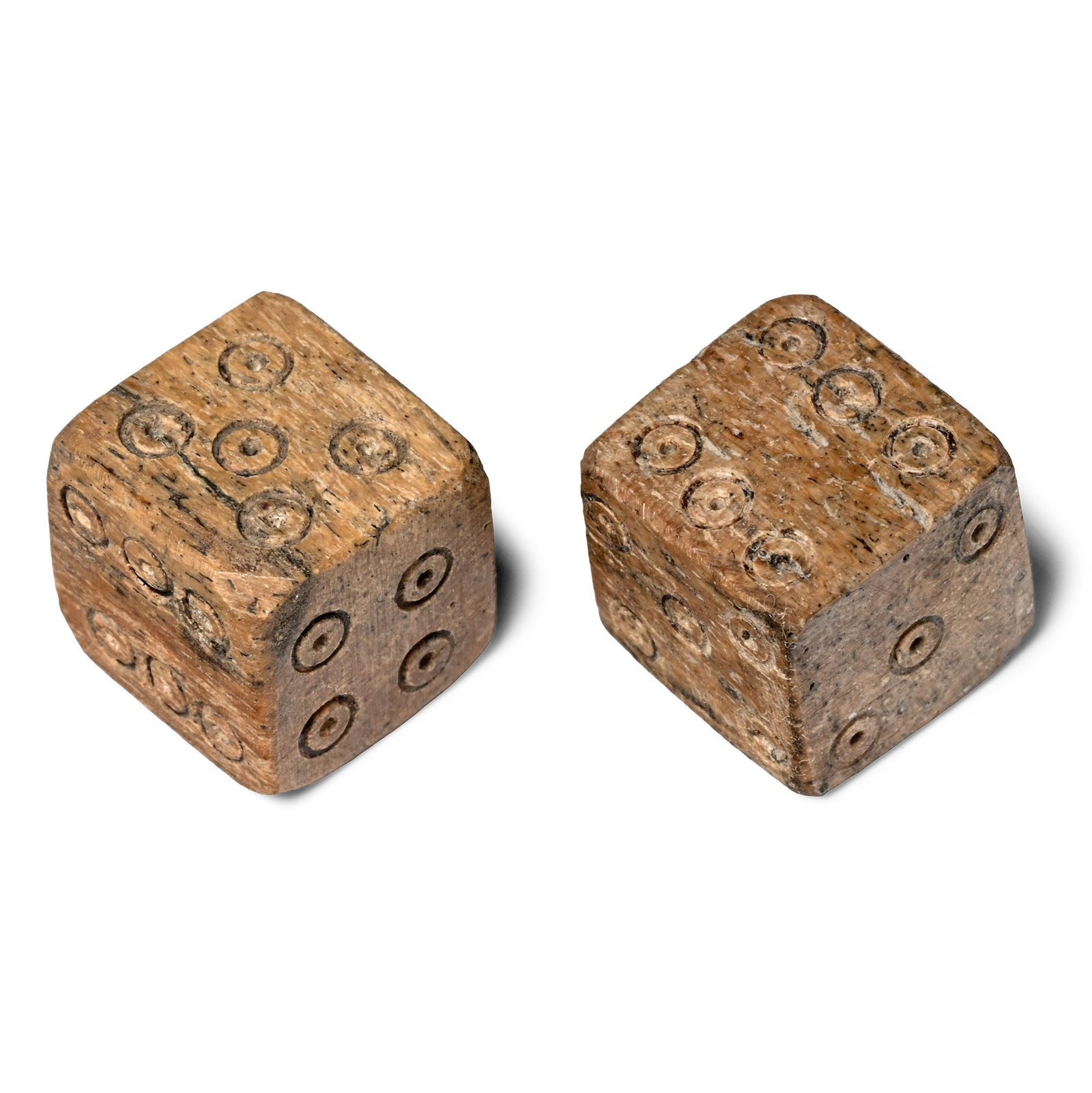 Roman Bone Gaming Dice Pair: Circa 1st-4th century A.D. Cuboid with ring-and-dot markings arranged 1:6, 2:5, 3:4. 6.84 grams total, 12 mm each (1/2 in.). [2] Ex Cambridgeshire, UK, collection, 1990s. TimeLine Auctions follows a r