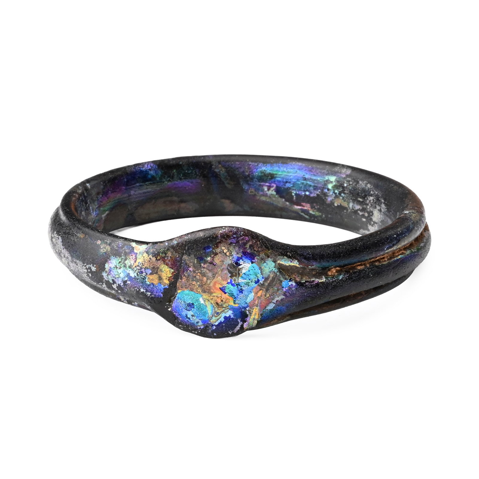 Roman Iridescent Glass Bangle: 1st-4th century A.D. Stepped plano-convex hoop with large disc plaque, iridescent surface. 23.6 grams, 65 mm (2 5/8 in.). [No Reserve] From the private collection of Mr Brian Edwards, New Malden, Surr
