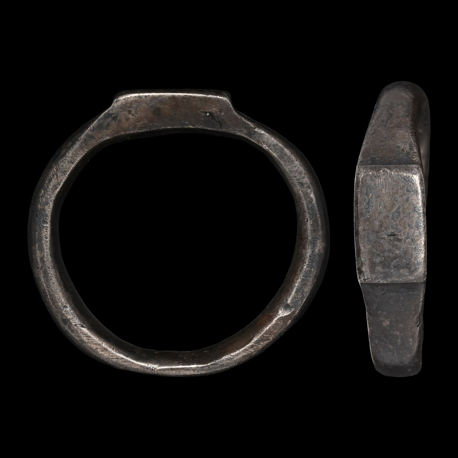 Roman Silver Ring with Rectangular Bezel: 1st-4th century A.D. Large ring with round-section hoop and a raised plain bezel. 8.29 grams, 26.69 mm overall, 21.01 x 18.98 mm internal diameter (approximate size British T 1/2, USA 9 3/4, Europe 21