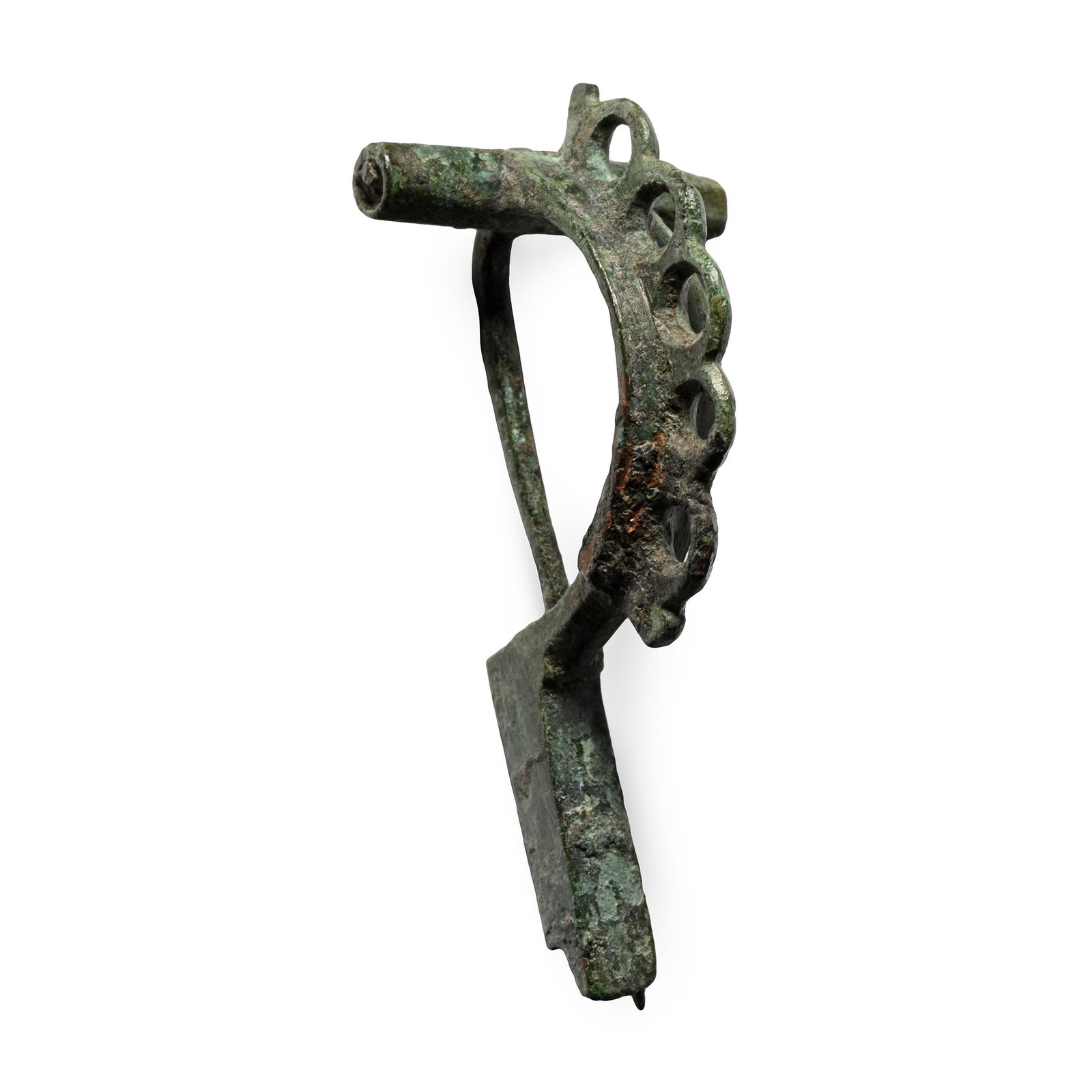 Roman Bronze Bow Brooch: 3rd century A.D. P-shaped type with short crossbar, long bow with five integral loops to the median rib, rectangular foot; catch and hinged pin to reverse Cf. Hattatt, R., Ancient Brooches and Other A