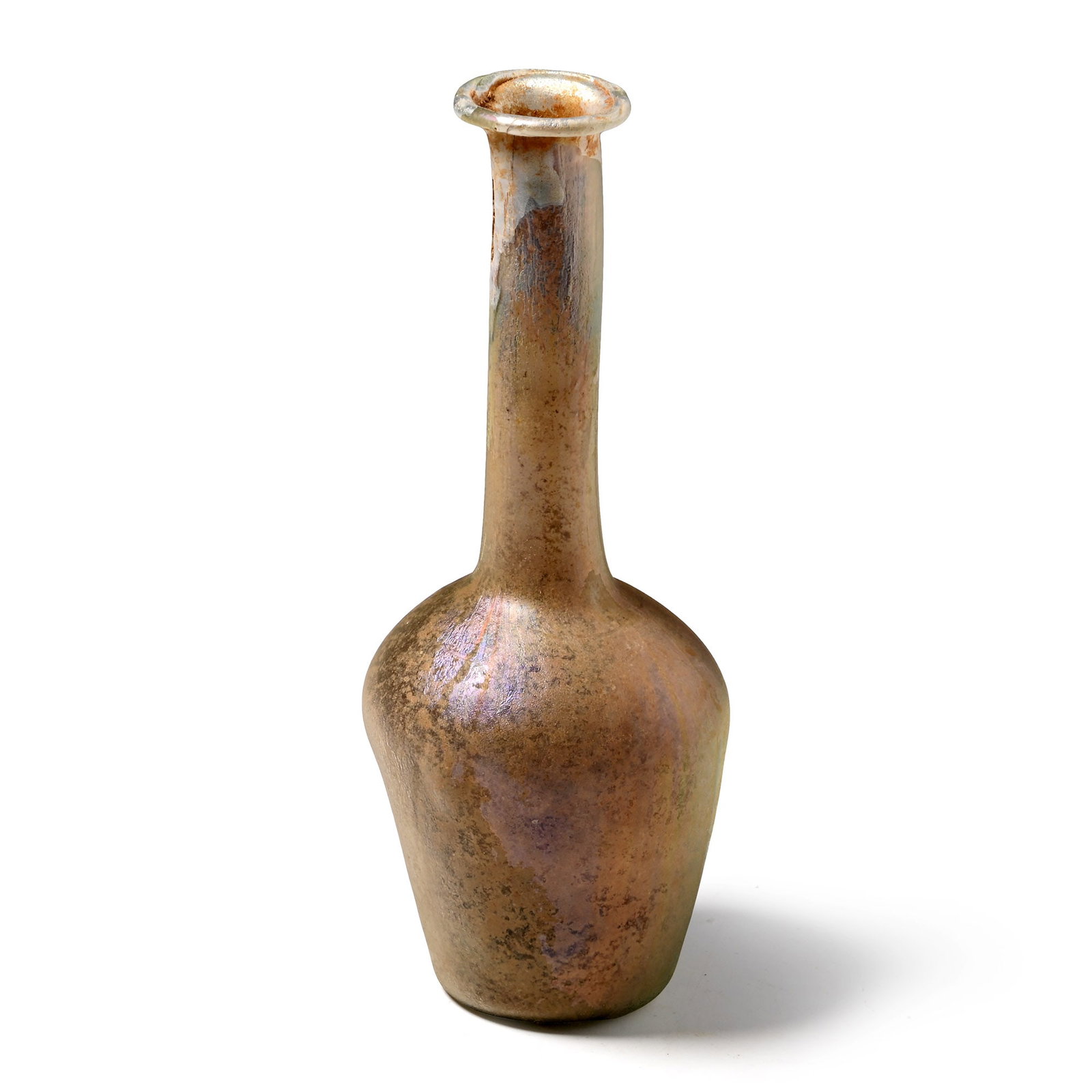 Roman Iridescent Piriform Glass Bottle: 2nd century A.D. Tapering body with a long tubular neck and an inward-folded rim. Cf. Cosyns, P., The production, distribution and consumption of black glass in the Roman Empire during the 1st - 5th