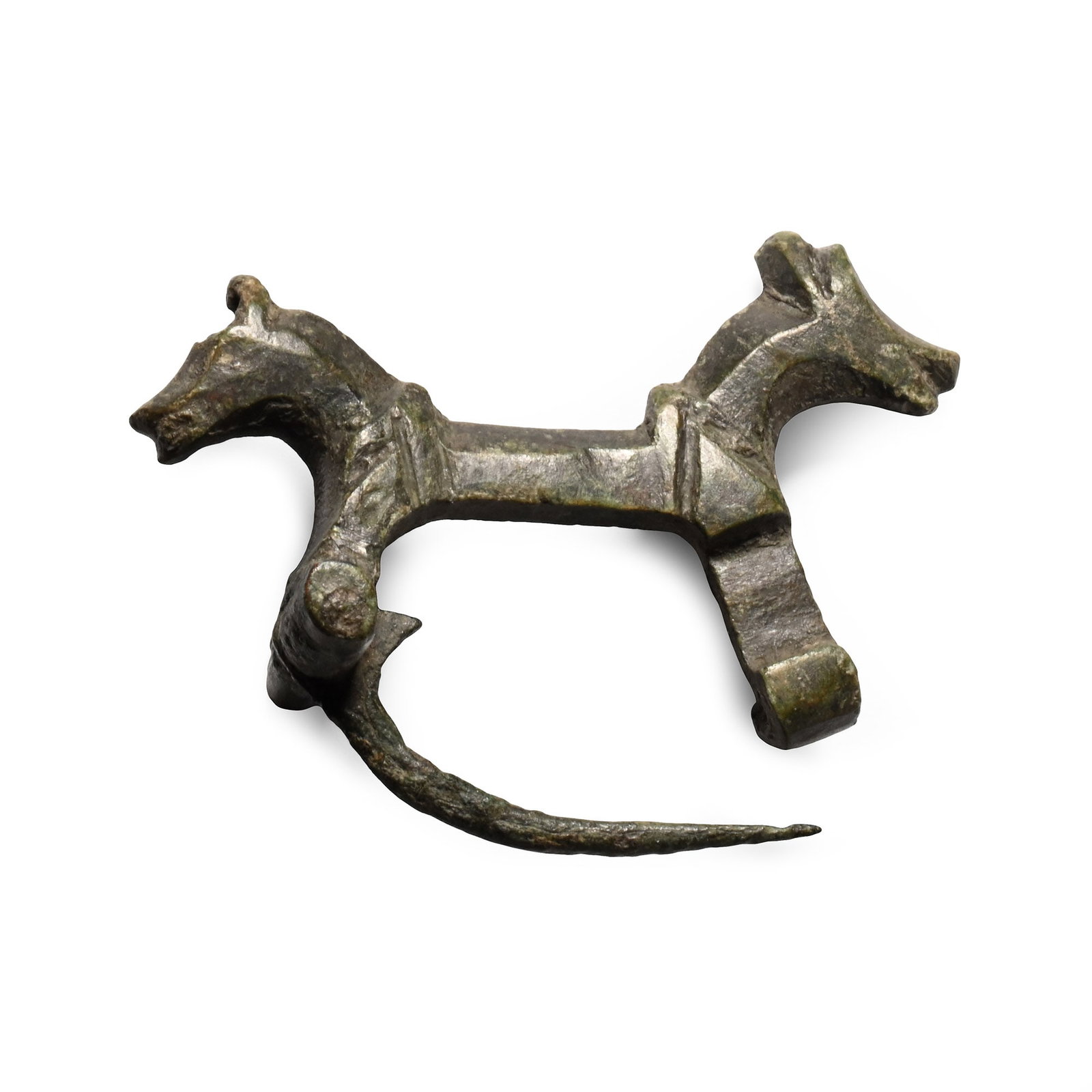 Roman Bronze Double Horse Brooch: 3rd-4th century A.D. Formed with two curving horse heads at each end, the legs forming the catchplate and pin lug. 10.4 grams, 40 mm (1 5/8 in.). [No Reserve] Ex German art market, 2000s. Acquired fro