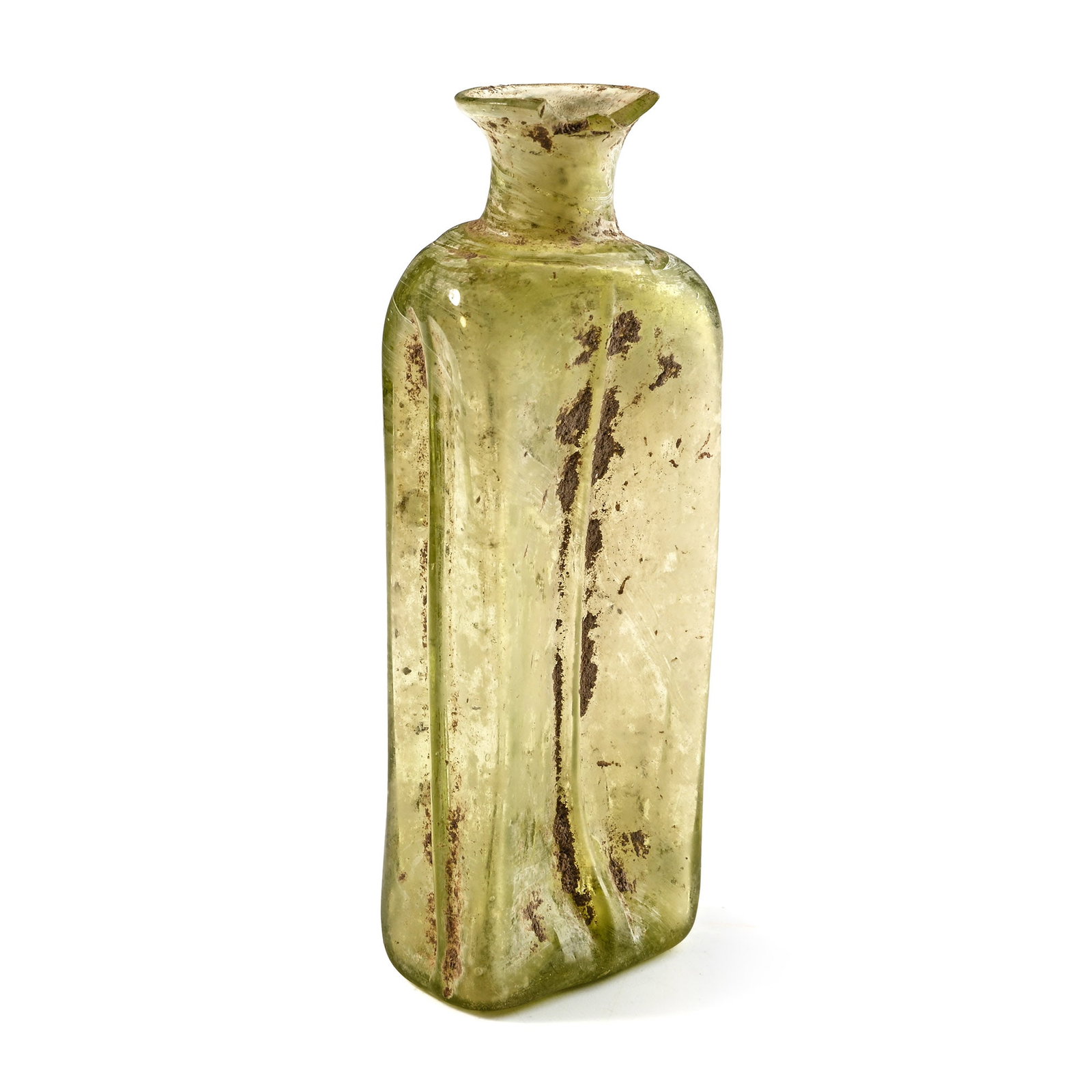 Late Roman Pale Green Glass Bottle: Circa 3rd-5th century A.D. Rectangular body with raised rib on each side, short tubular neck with an everted rim. 44.75 grams, 98 mm (3 7/8 in.). [No Reserve] Ex German art market, 2000s. Acquired fro