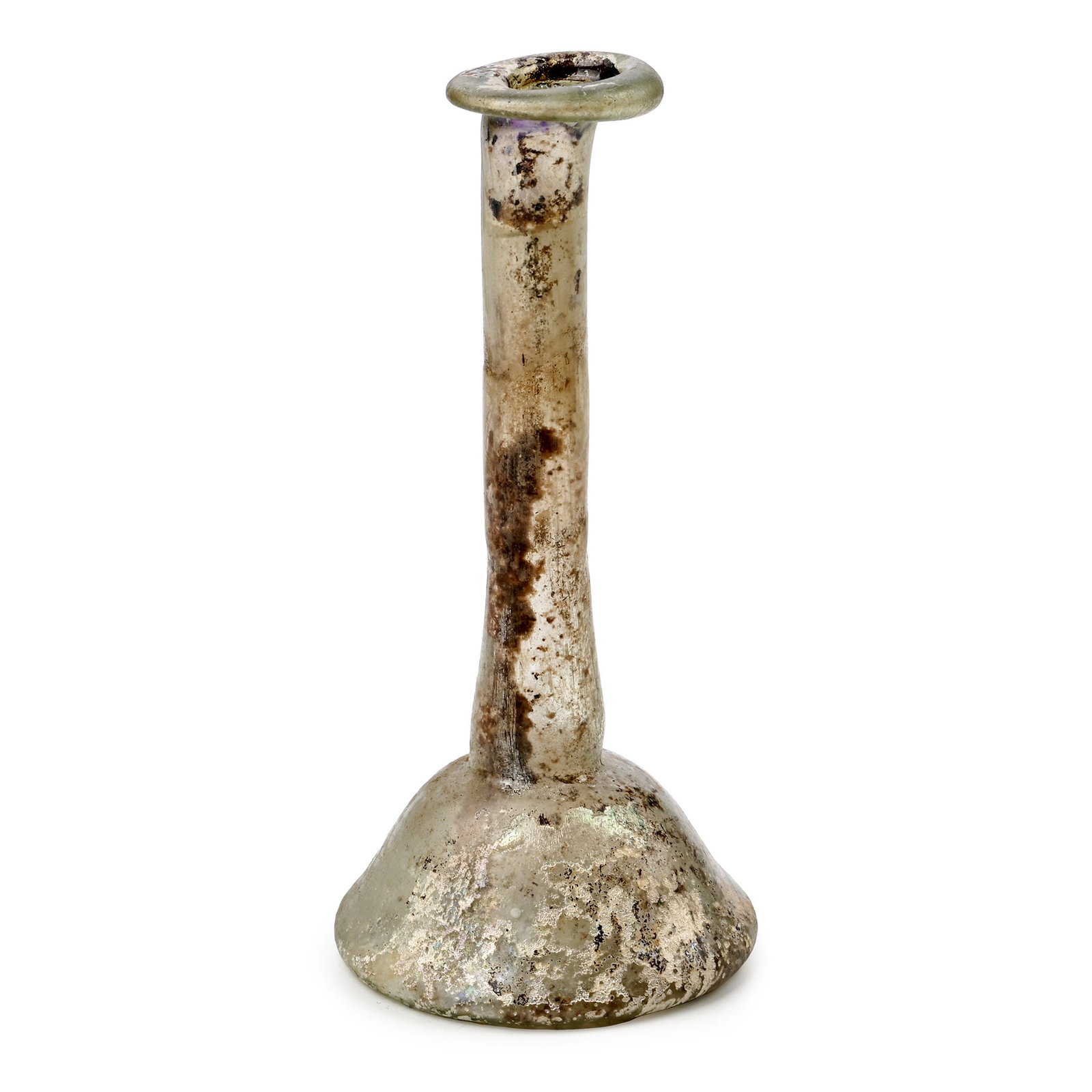 Roman Pale Green Glass Tall Unguentarium: Circa 2nd-3rd century A.D. Bell-shaped body with tubular neck and rolled rim. Cf. Lightfoot, C.S., The Cesnola Collection of Cypriot Art: Ancient Glass, New York, 2017, pp.258-259, nos.375-378, for si