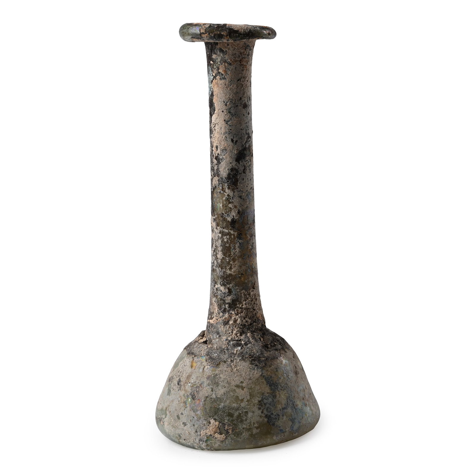 Roman Tall Glass Flask: Circa 1st-4th century A.D. Comprising a squat conical body with a dimple at the base, long tubular neck with everted rolled rim. 29.3 grams, 12.8 cm (5 in.). From a London, UK, collection of glass, 19