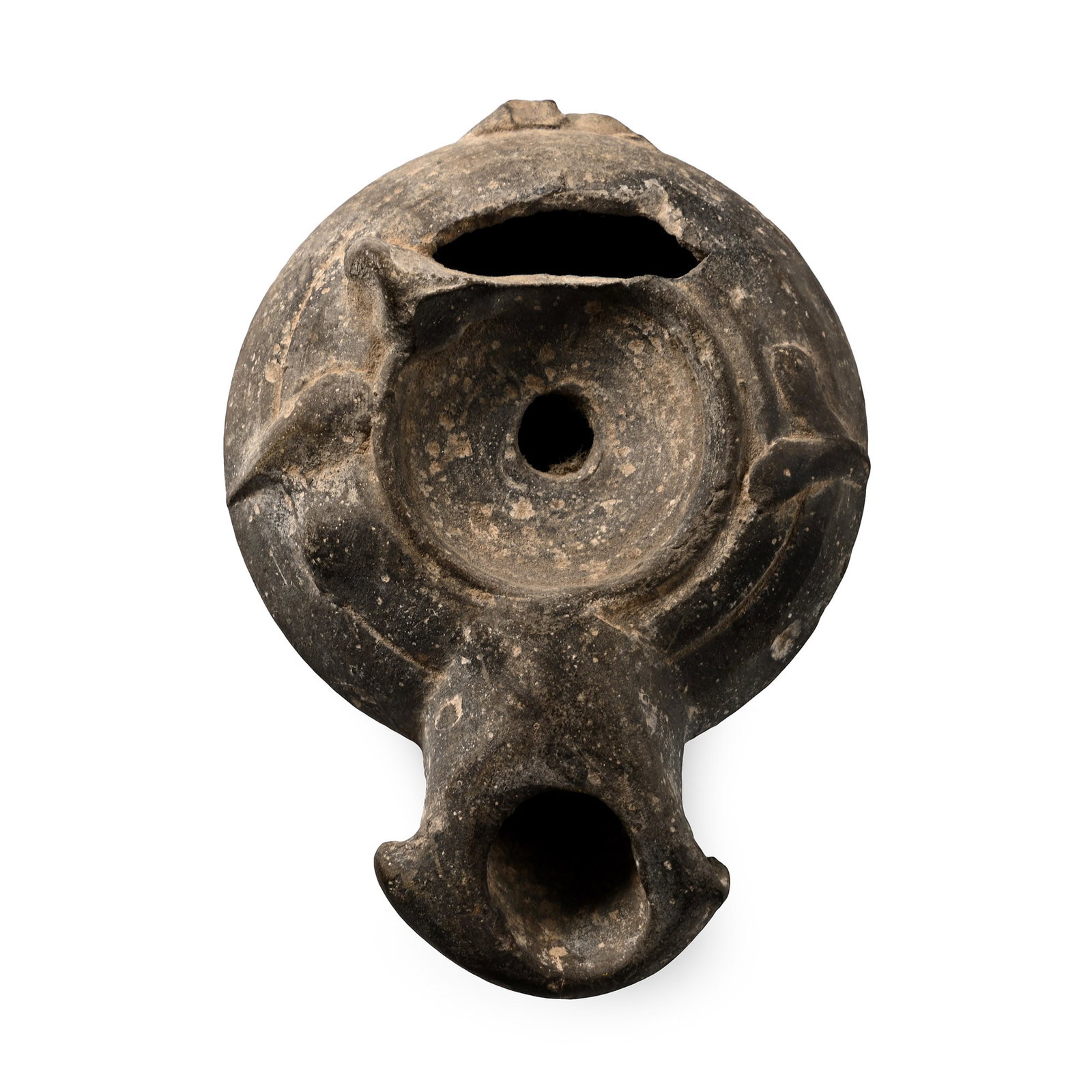Roman Cnidian Terracotta Oil Lamp: 1st century B.C. Biconical body with raised decoration, low basal foot. See Bussi?re, J. & Lindros Wohl, B., Ancient Lamps in the J. Paul Getty Museum, Malibu, 2017, no.17, for type (Howland type 40 A