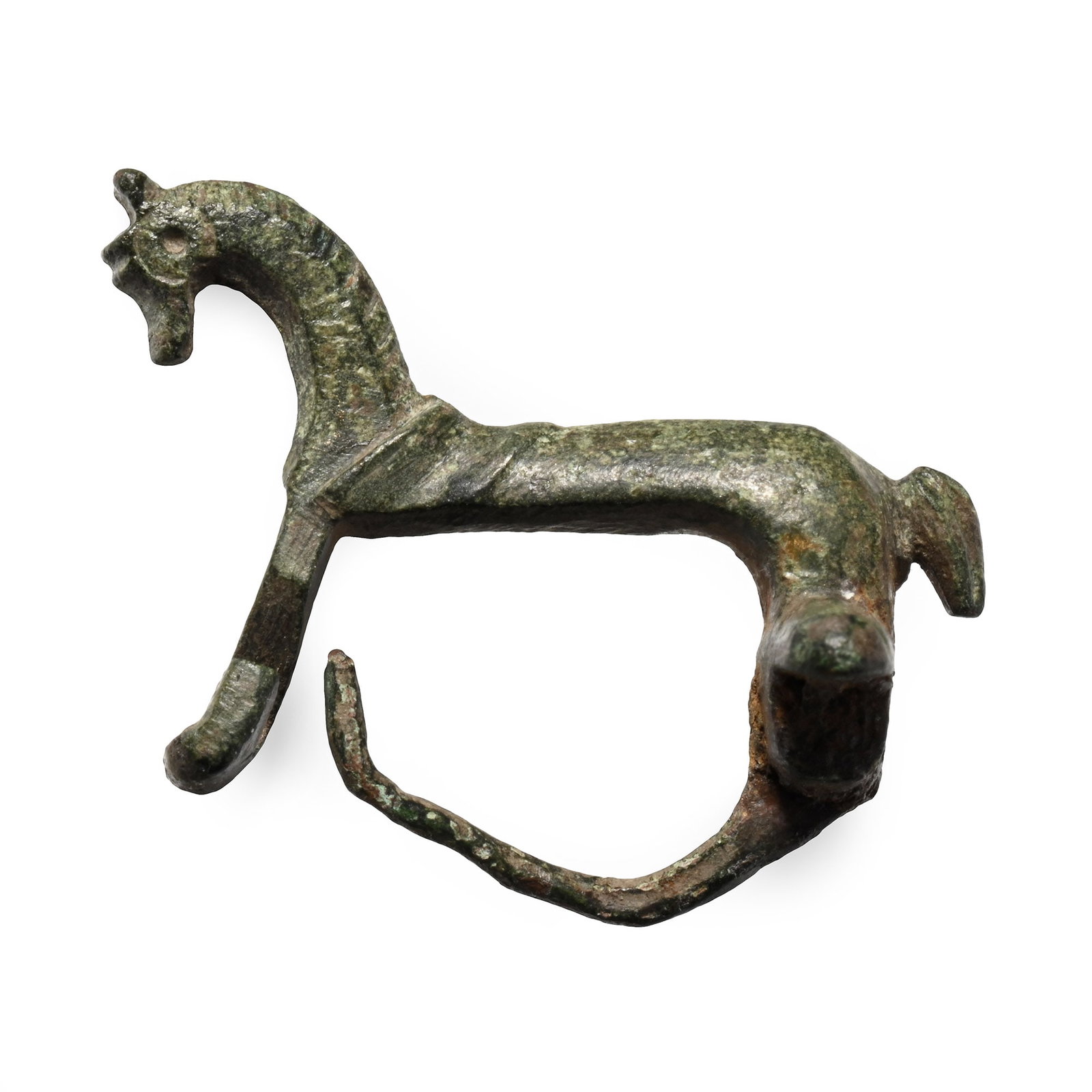 Roman Bronze Horse Brooch: Circa 2nd century A.D. Formed as a standing horse, the hind legs forming a crossbar, the forelegs forming a catchplate, and linear detailing to the mane. Cf. Hattatt, R., Ancient Brooches and Other Ar