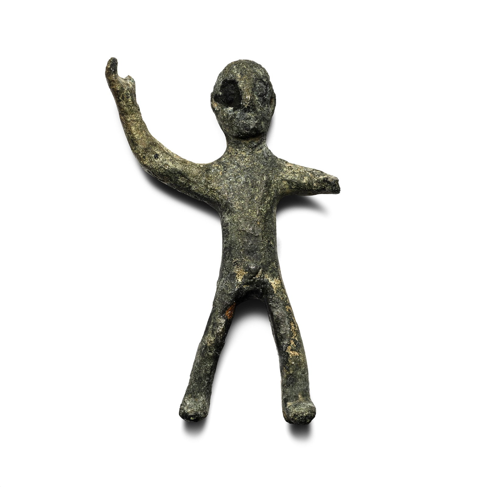 Romano-Celtic Bronze Statuette of a God on horseback: 2nd-4th century A.D. Modelled in the round as a nude horseman with legs spread, right hand extended palm-upwards. Cf. a similar statuette in PAS NLM-C7BD85, representing a Romano-Celtic god on horseba