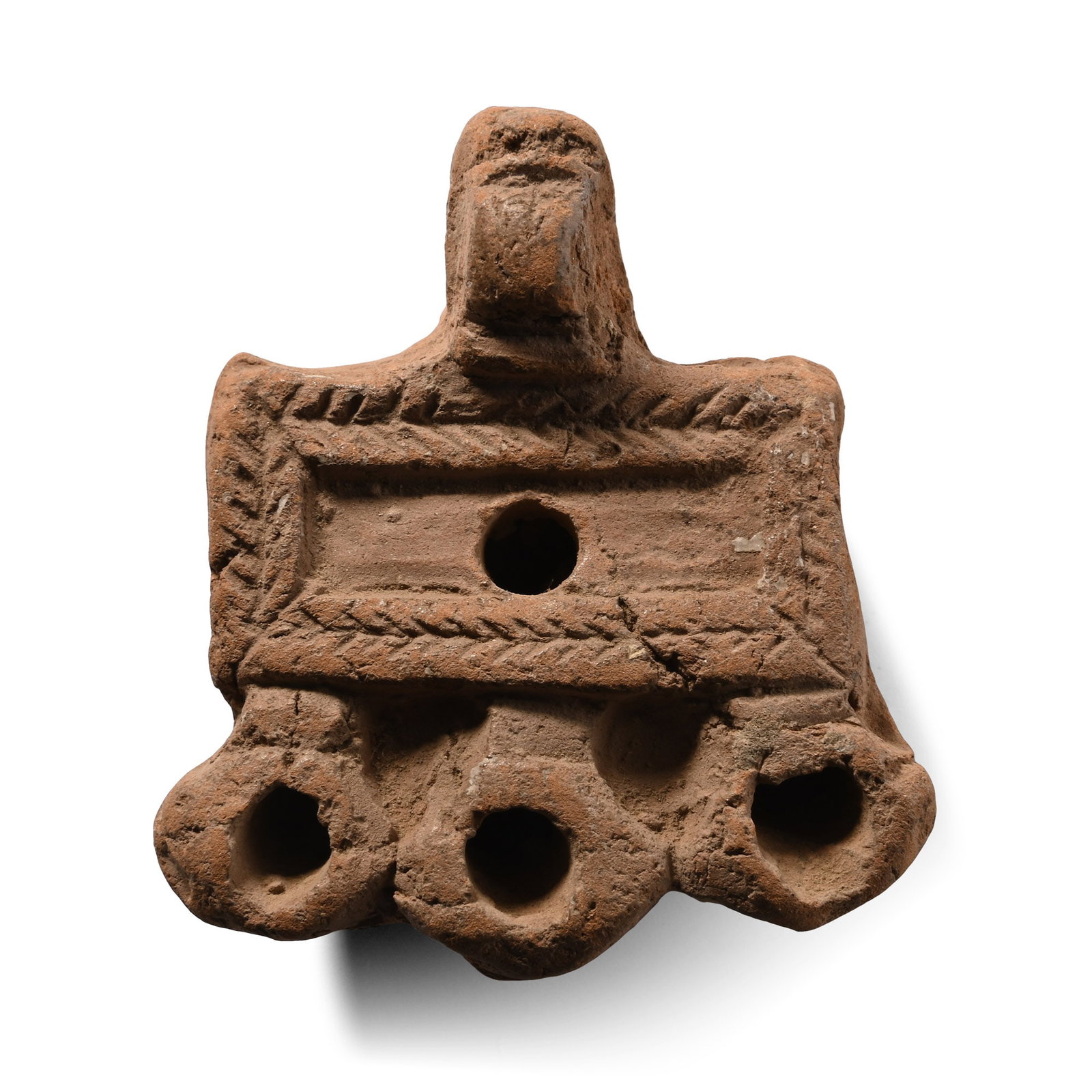 Romano-Jewish Terracotta Oil Lamp with Three Spouts: Circa 4th-5th century A.D. Small rectangular oil lamp with decorative borders and a lug handle to the rear, inked collector's number '415' on the underside. See Bussi?re, J. & Lindros Wohl, B., Ancien