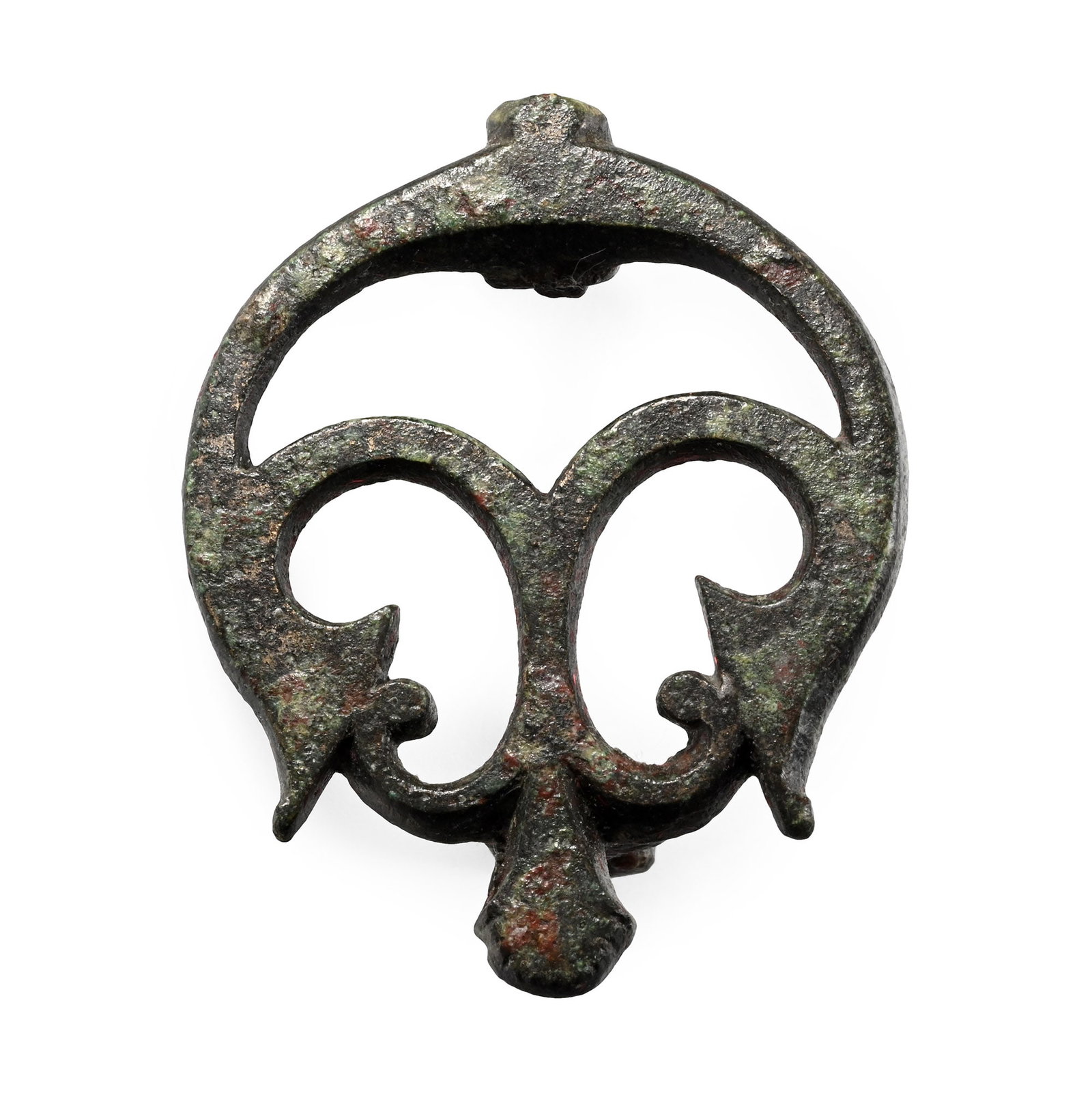 Roman Bronze Trumpet Plate Brooch: 3rd-4th century A.D. Openwork brooch formed of two opposing trumpet motifs with scrolls, pin-lugs and a catchplate on the reverse. 11.7 grams, 38 mm (1 1/2 in.). [No Reserve] From the private coin col