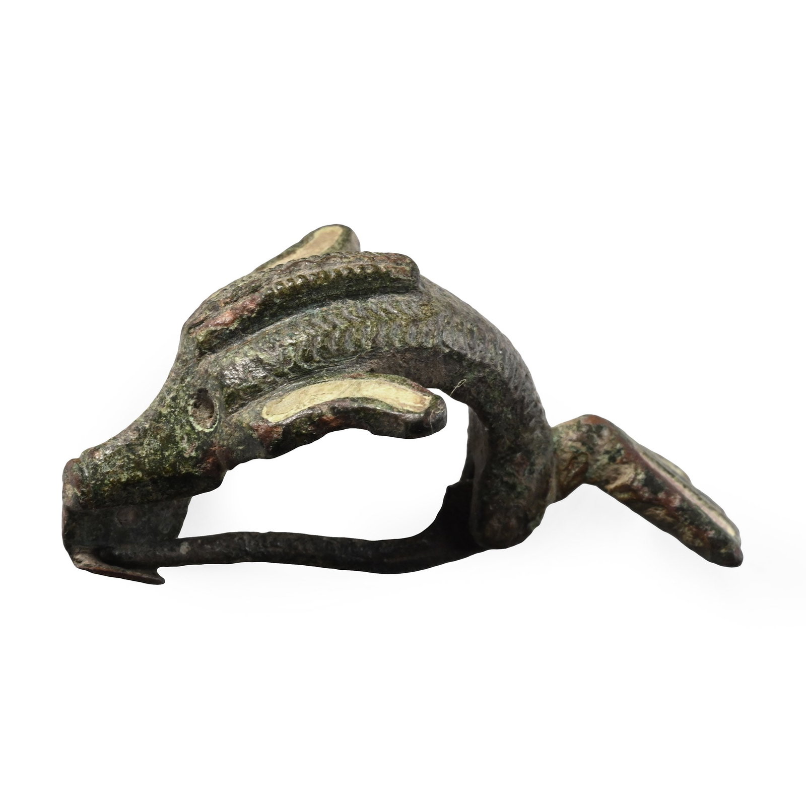 Roman Enamelled Bronze Dolphin Brooch: 2nd century A.D. Bow brooch formed as a leaping dolphin with notched dorsal fin and splayed pectoral fins with enamel, the body with notched decoration, fanned tail with red enamel, recessed eyes and 