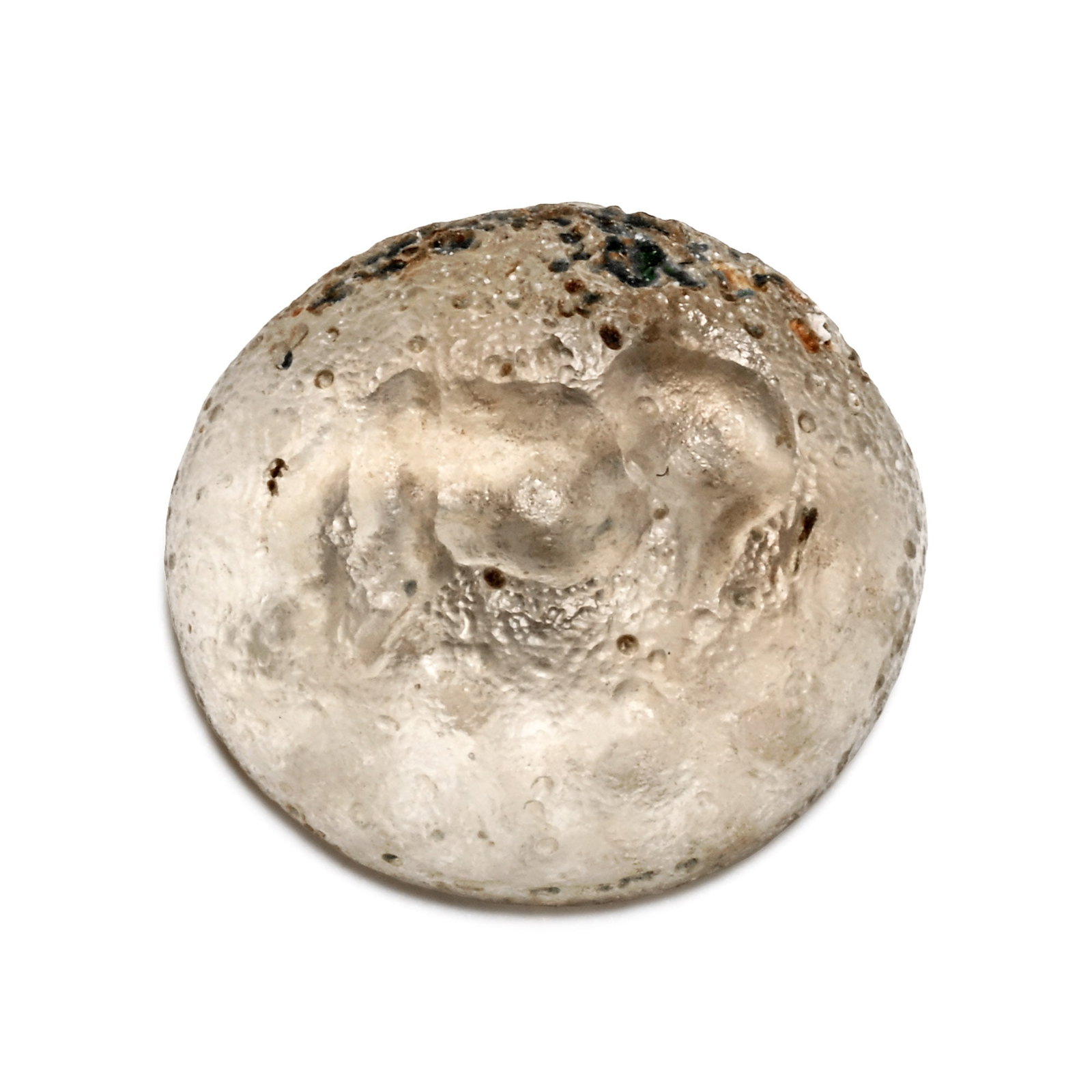 Roman Glass Gem with Horse: 2nd-3rd century A.D. Plano-convex type with incuse design to the underside of horse with its legs folded beneath the body; supplied with a museum-quality impression. 0.66 grams, 12 mm (1/2 in.). [No R
