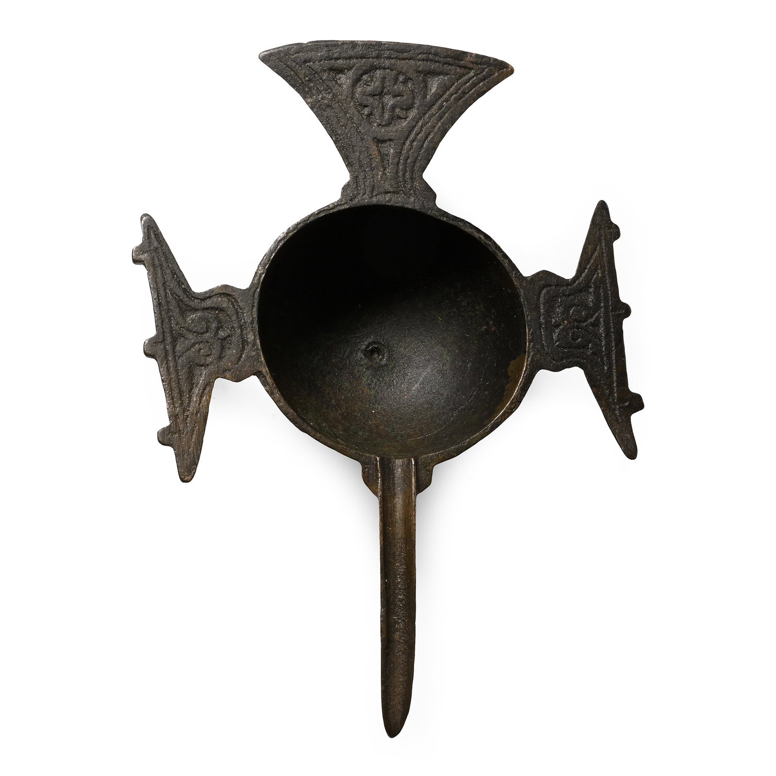 Byzantine Bronze Oil Lamp: Circa 7th-10th century A.D. Formed as a stylised bird with a hemispherical body, U-shaped nozzle forming the head, two projecting wings with incised decoration, and a large flaring tail forming the ha