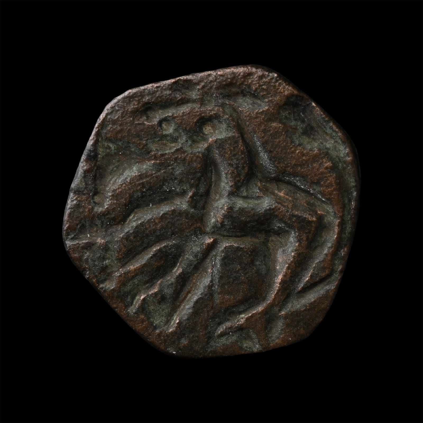 Byzantine Bronze Pendant Seal with Horse: Circa 6th-8th century A.D. Conical, facetted body with integral suspension loop, a stylised advancing horse on the underside. 7.56 grams, 24 mm (1 in.). [No Reserve] From the private coin collection o