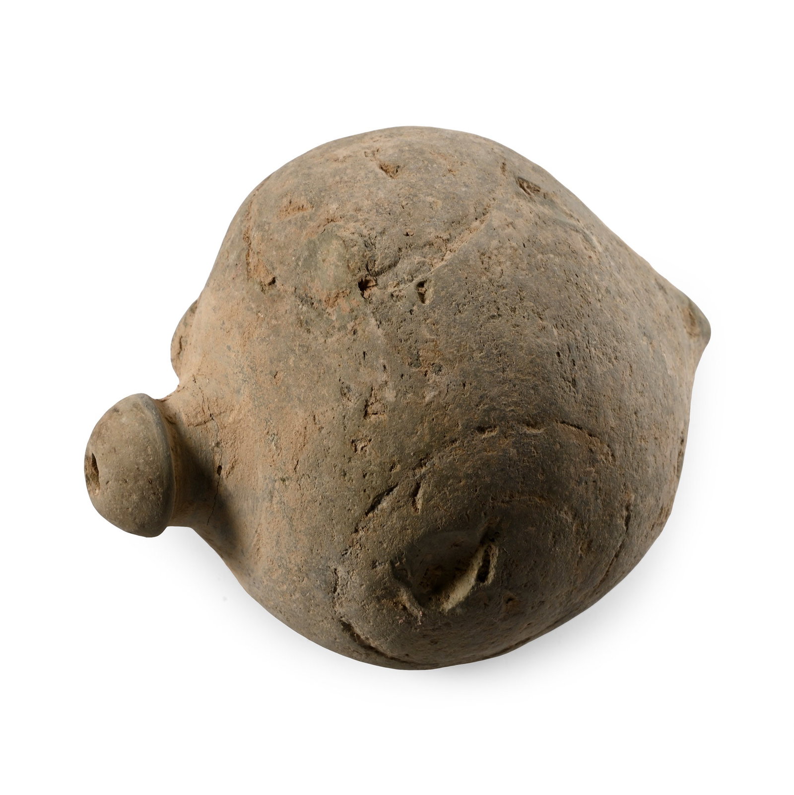 Byzantine 'Greek Fire' Ceramic Fire Bomb or Hand Grenade: 9th-11th century A.D. Bulbous body with pointed base and domed mouth; intended to be filled with explosive liquid and a wick, and used as a hand grenade. Cf. Arendt, W. I., Granaten des 13-14. Jahrhun