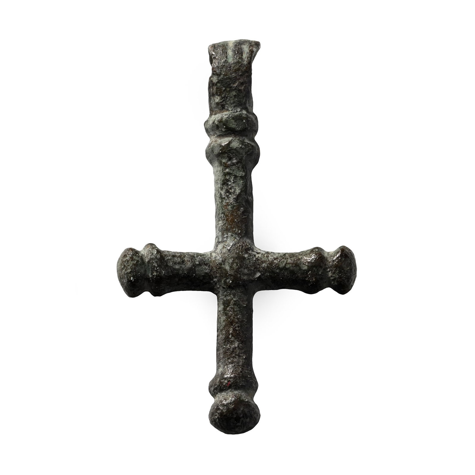 Byzantine Bronze Cross Pendant: Circa 6th-8th century A.D. With a collar and a knop finial on each arm and an integral suspension loop. 8.45 grams, 43 mm (1 5/8 in.). [No Reserve] From the private coin collection of a West London, U