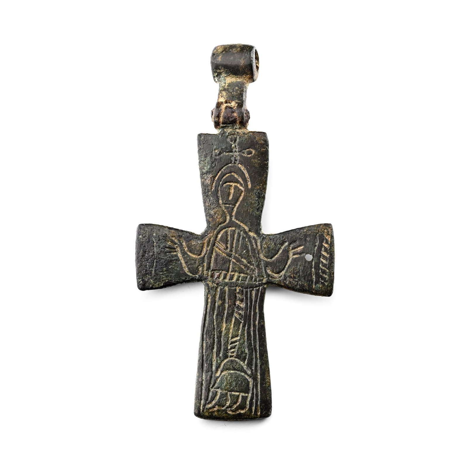 Byzantine Bronze Pectoral Cross Pendant: Circa 11th-12th century A.D. Large cruciform pendant with hinged loop, one side with a robed figure in orans pose, a cross above; the other side with a floral cross and five cells for inlay representi