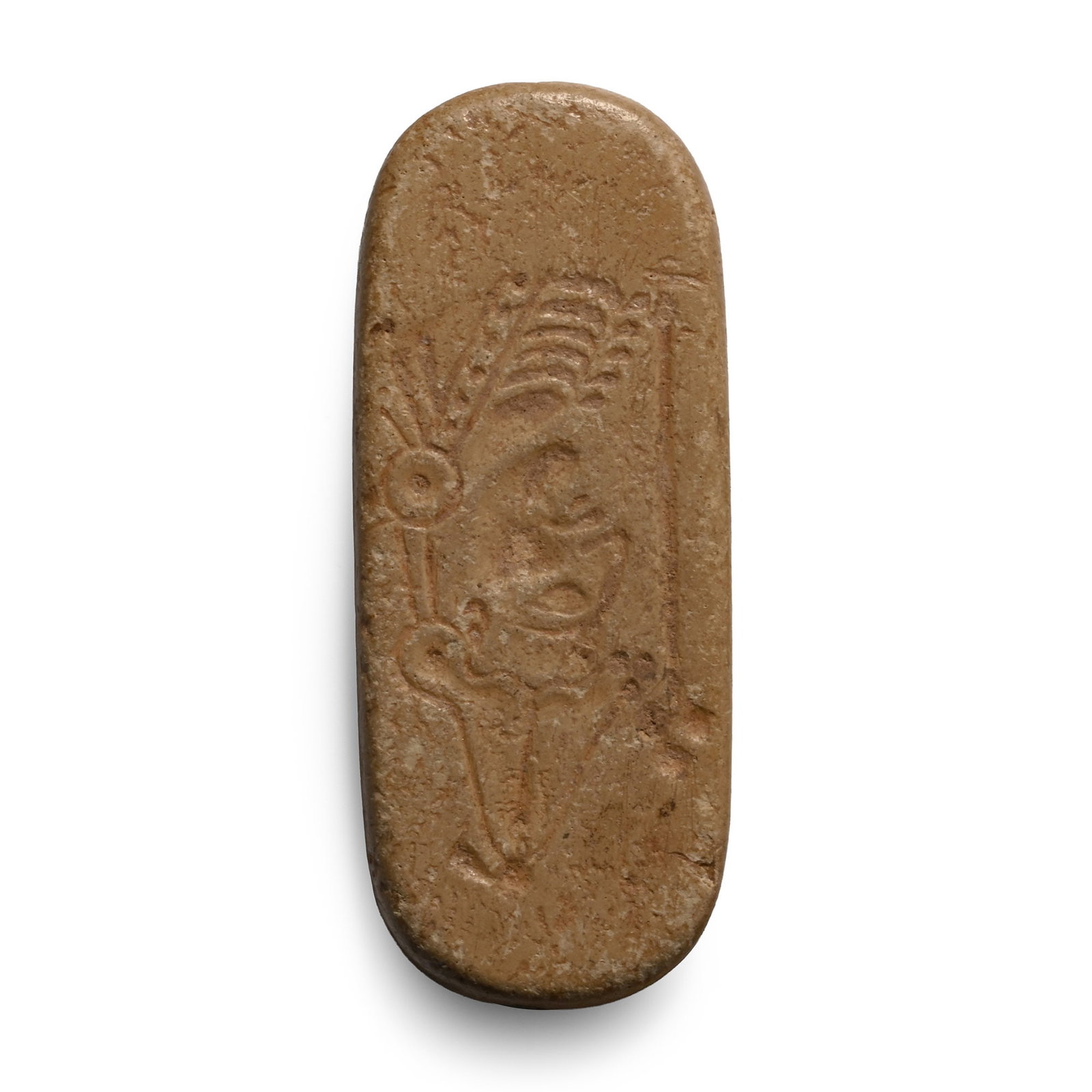 Byzantine Inscribed Bone Plaque: Circa 6th-10th century AD. Obverse with low-relief bust wearing conical headgear, with trefoil sceptre and hatched robe; reverse with legend '????????' ('T' inverted). 3.12 grams, 38 mm (1 1/2 in.). E