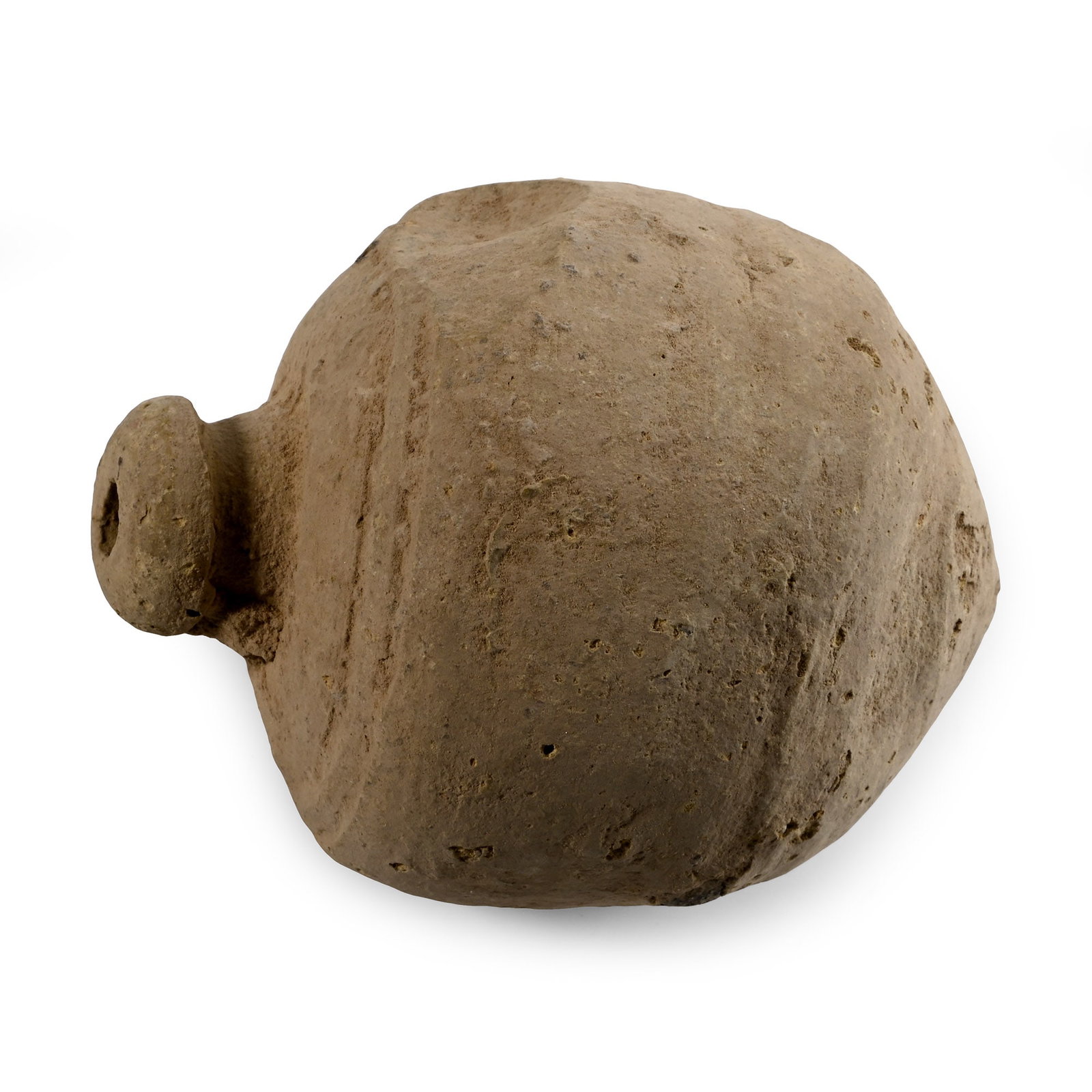 Byzantine 'Greek Fire' Ceramic Fire Bomb or Hand Grenade: 9th-11th century A.D. Bulbous body with pointed base and domed mouth, two circumferential bands on the shoulder; intended to be filled with explosive liquid and a wick, and used as a hand grenade. Cf.