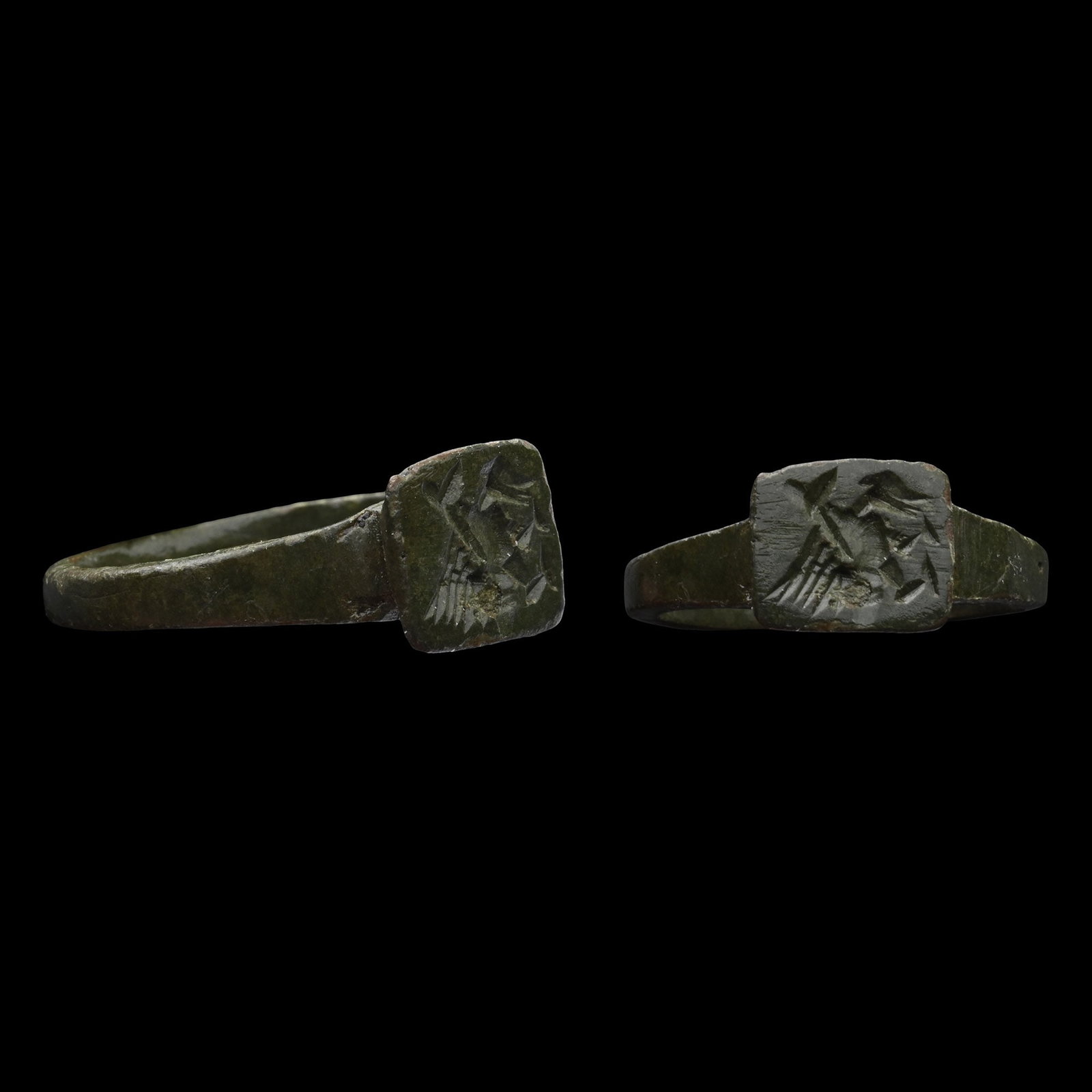 Byzantine Bronze Ring with Gryphon: 6th-8th century A.D. With a rectangular-section hoop and a raised rectangular bezel with a stylised gryphon. 3.05 grams, 22.01 mm overall, 17.76 mm internal diameter (approximate size British M, USA 6